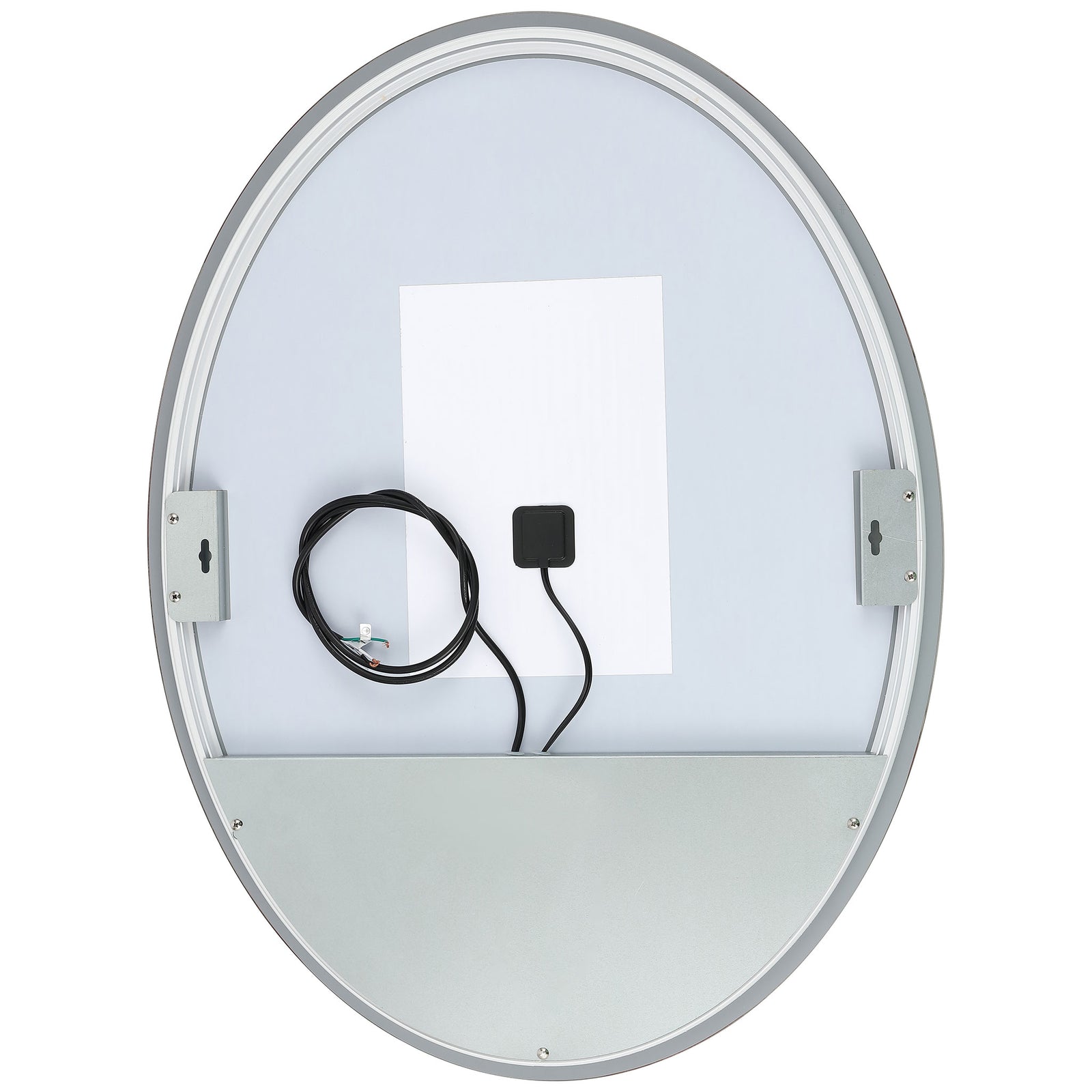 Silver-toned backing reveals mounting brackets and wiring behind the oval LED mirror || LMR1005A || back_studio