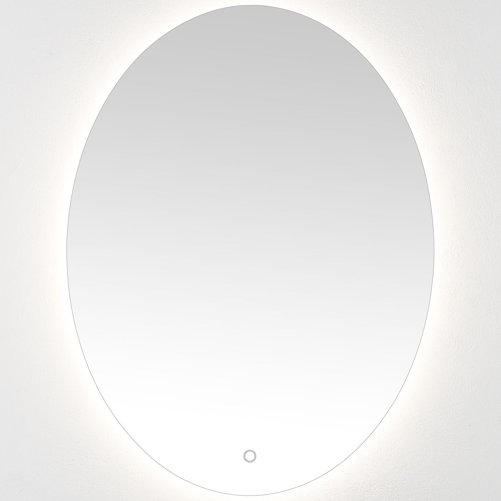 A soft white halo frames the oval mirror, with a circular control at the lower edge || LMR1005A || front_on_studio