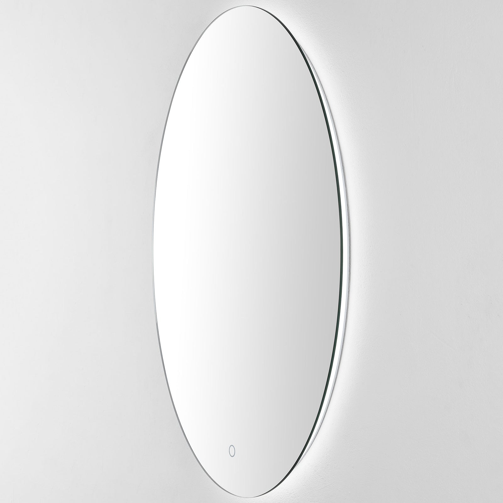 A cool white glow outlines the mirror's slim oval silhouette against the wall || LMR1005A || front_angle_on_studio