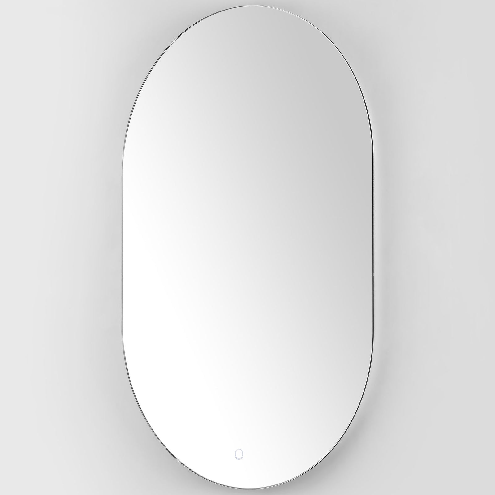 Slim aluminum edging emphasizes the mirror's curved ends and low-profile design. || LMR1007A || front_angle_studio