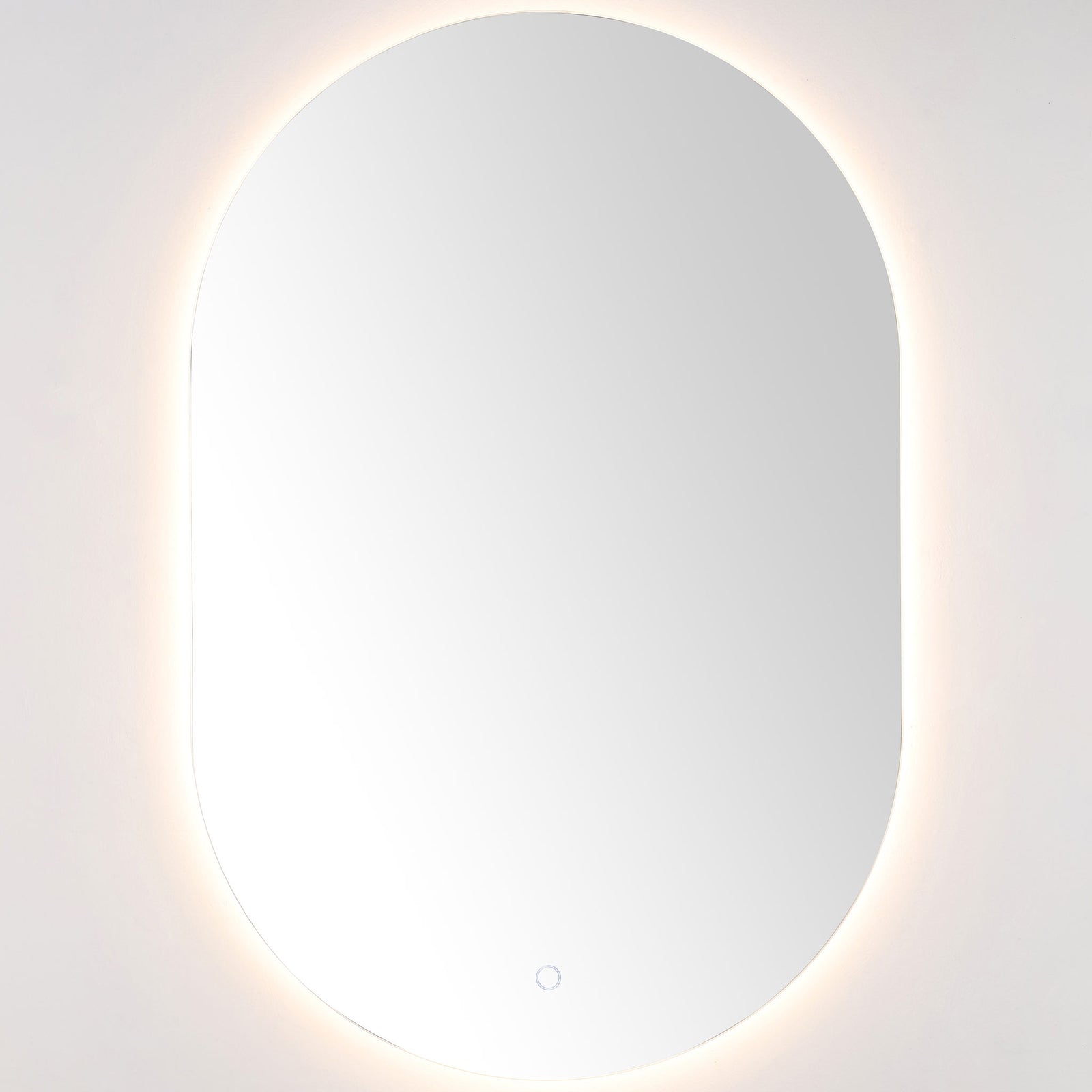 Soft warm-white light traces the mirror's rounded perimeter and clean, narrow frame. || LMR1007A || front_on_studio