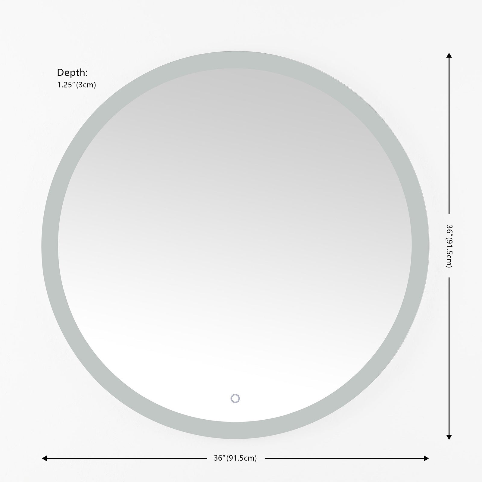 The round LED mirror measures 36 inches across and 1.25 inches deep, with a small lower control. || LMR1008A || dimension_studio