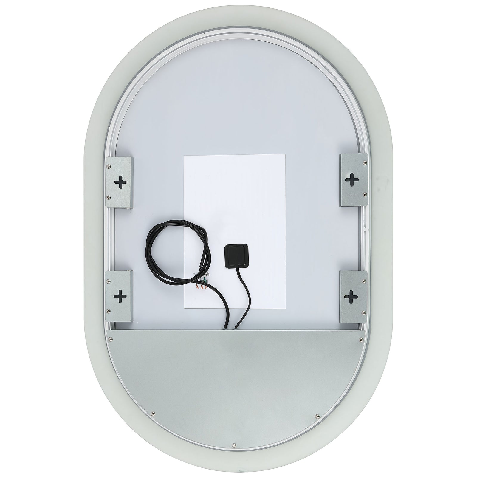 Oval LED mirror with metal backing, mounting brackets, and a wired power connection || LMR1009A || back_studio