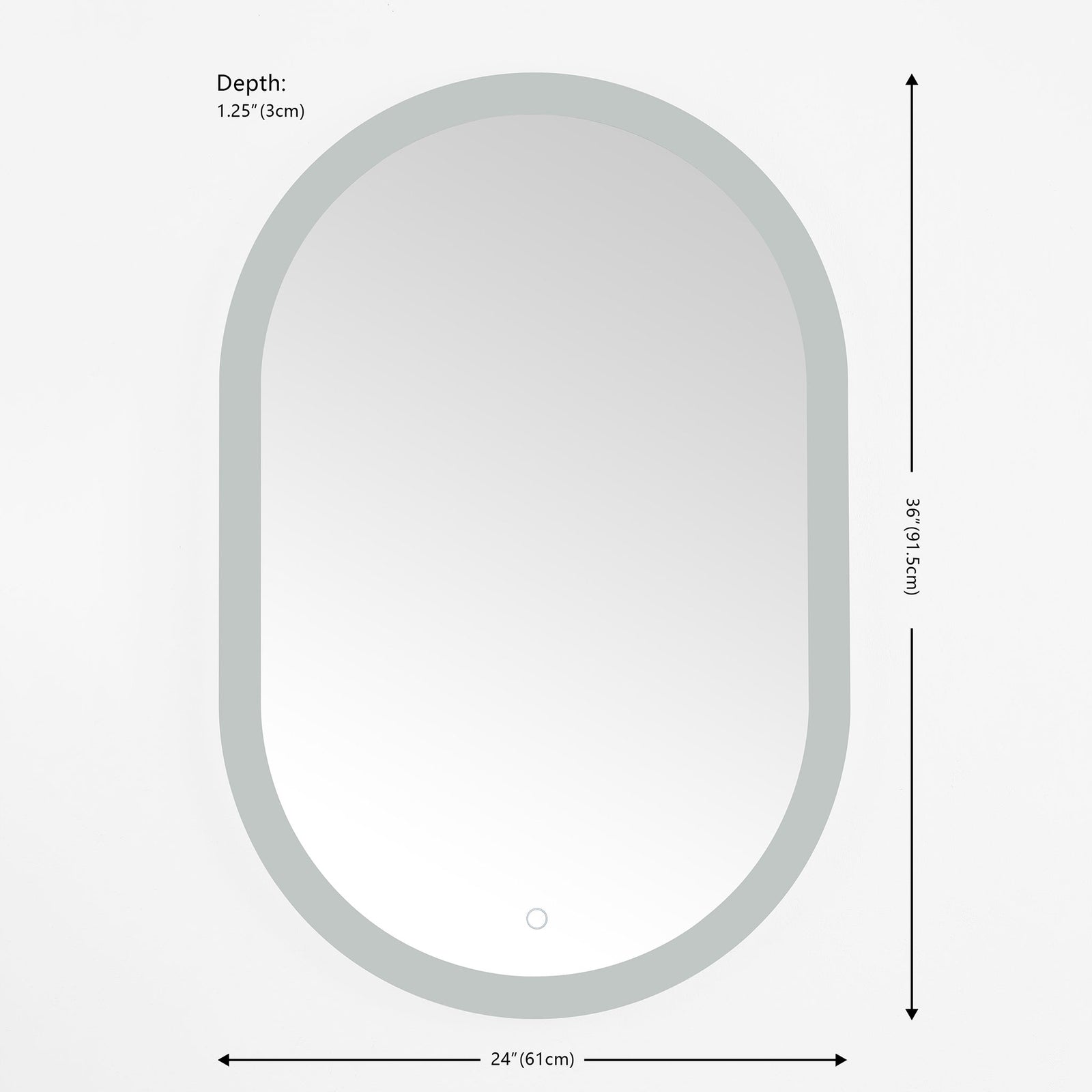 24-inch-wide oval LED mirror with a slim edge and a touch button near the bottom || LMR1009A || dimension_studio