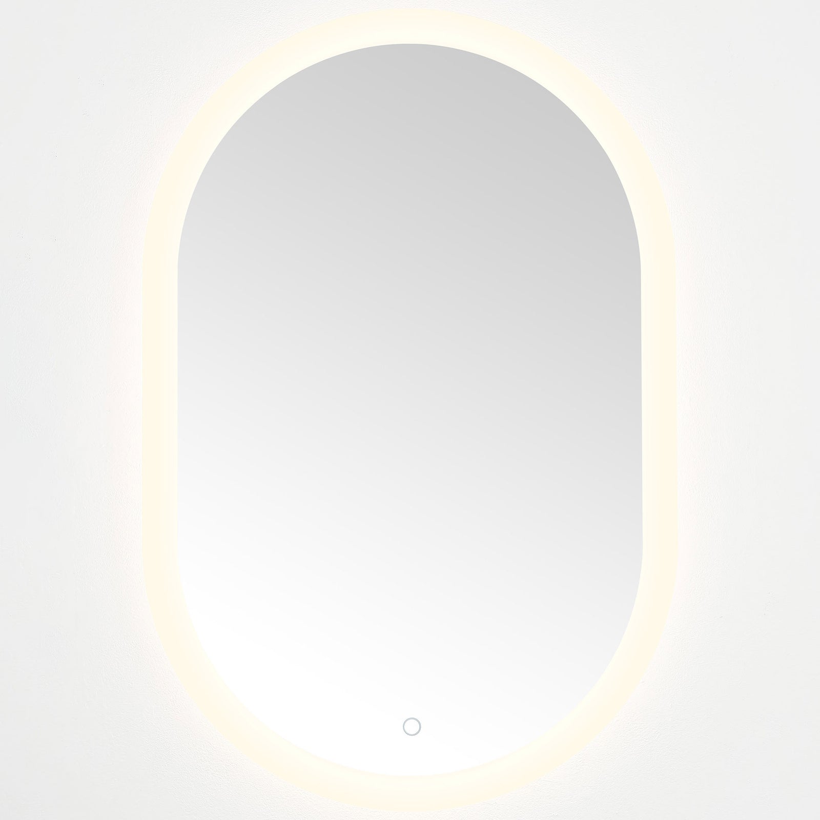 Soft white LED illumination surrounds the oval mirror's smooth reflective surface || LMR1009A || front_on_studio