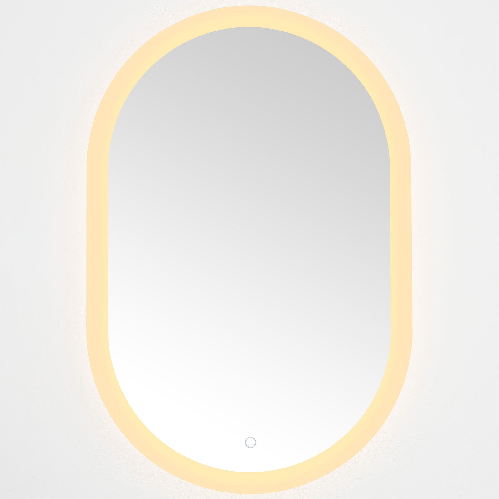Warm golden LED illumination traces the oval mirror's rounded edges || LMR1009A || front_on_studio