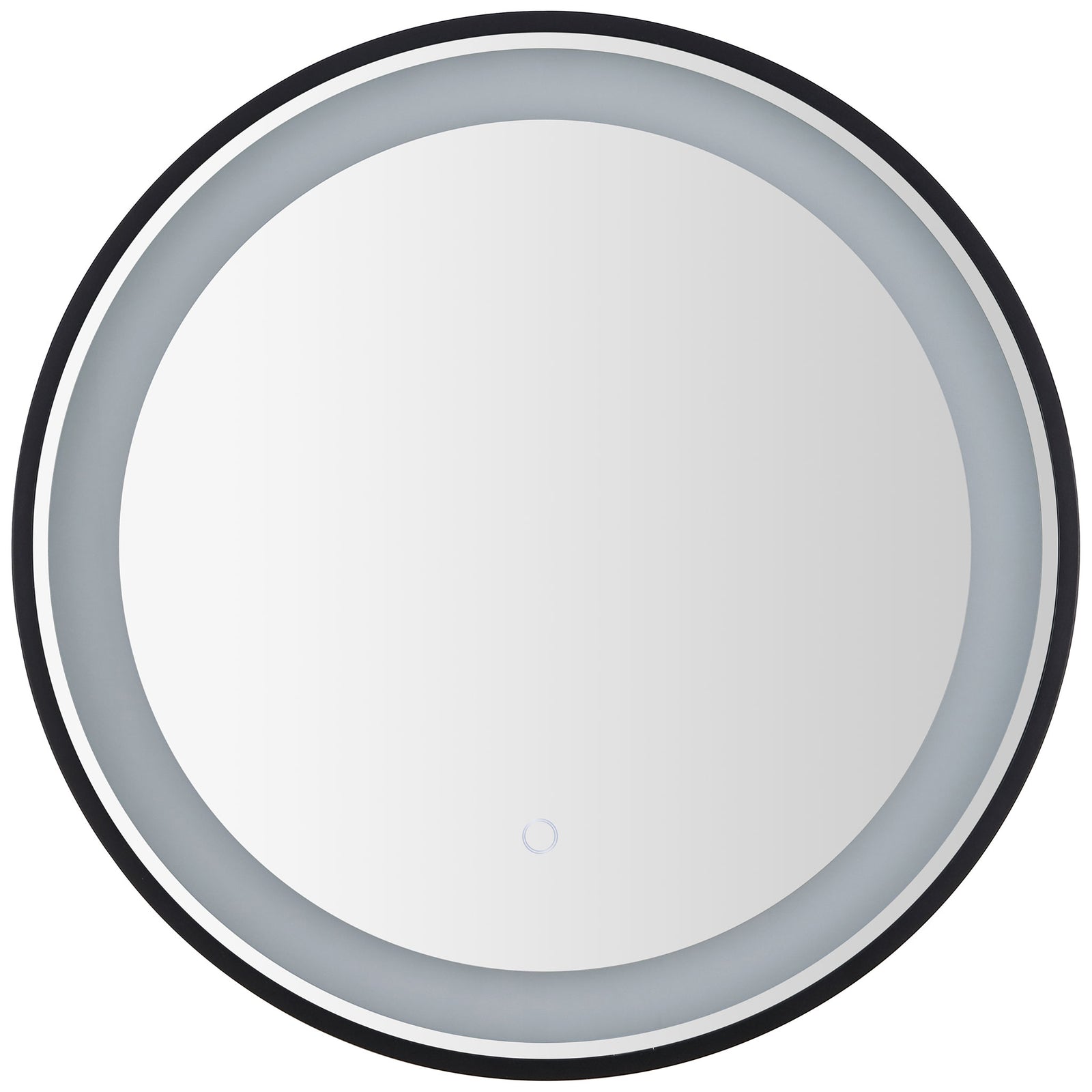 A gray LED band borders the round mirror within a slim black frame, with a touch control below. || LMR1010A || front_studio