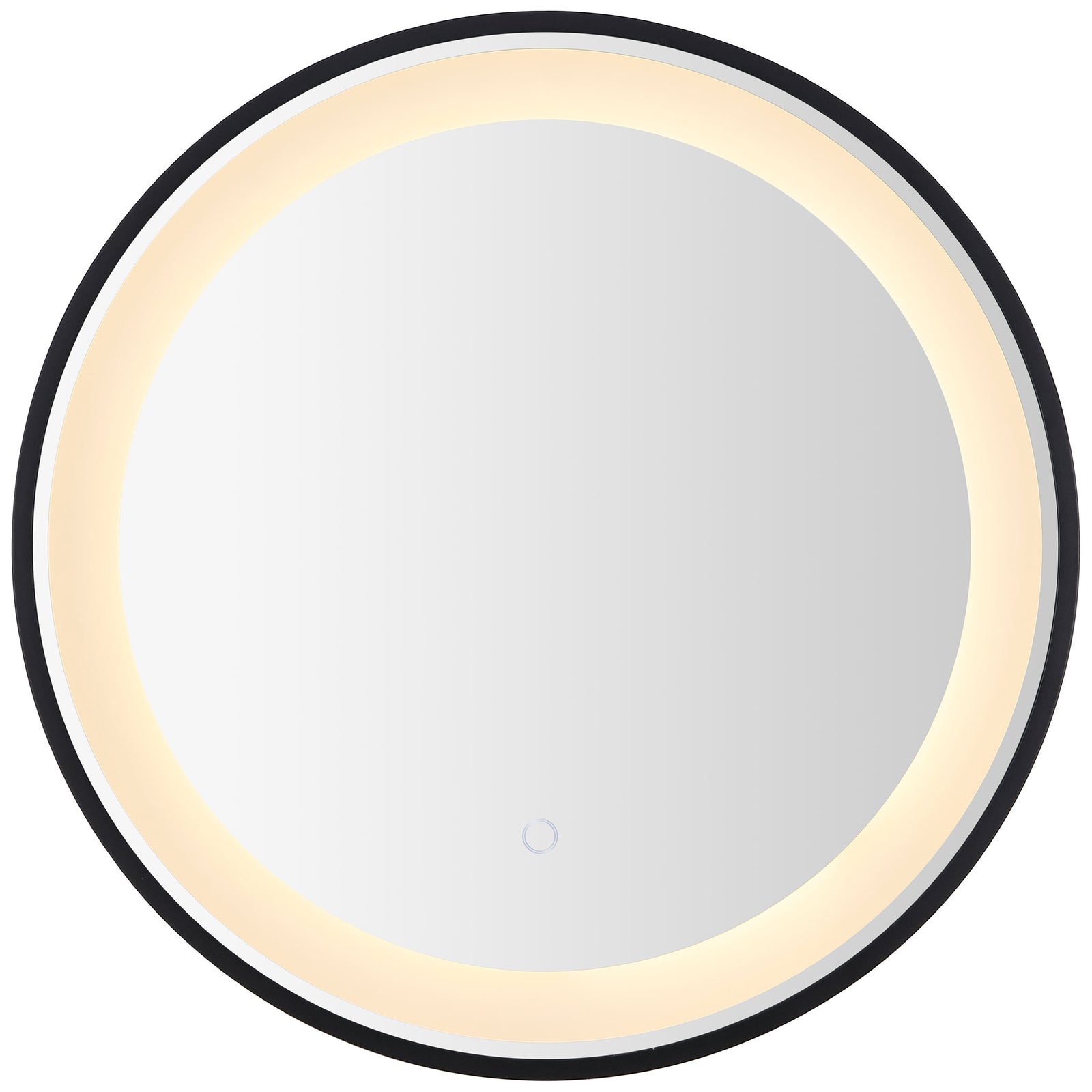 Warm golden LEDs form a luminous ring around the round mirror in its slim black frame. || LMR1010A || front_on_studio