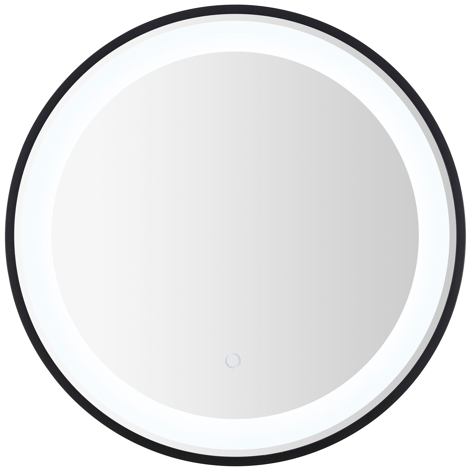 Bright white light outlines the round mirror within a slender black frame. || LMR1010A || front_on_studio