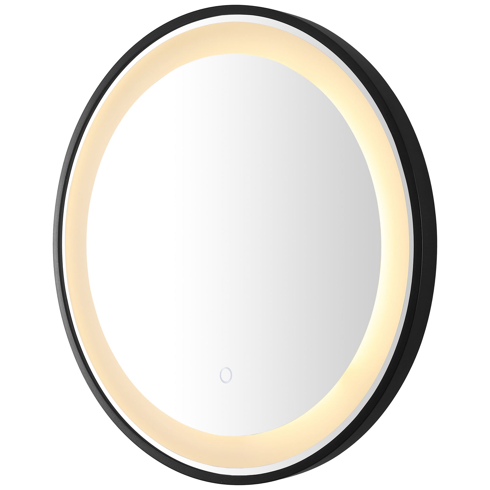 A warm LED ring lights the round mirror, set within a shallow black frame. || LMR1010A || front_angle_on_studio