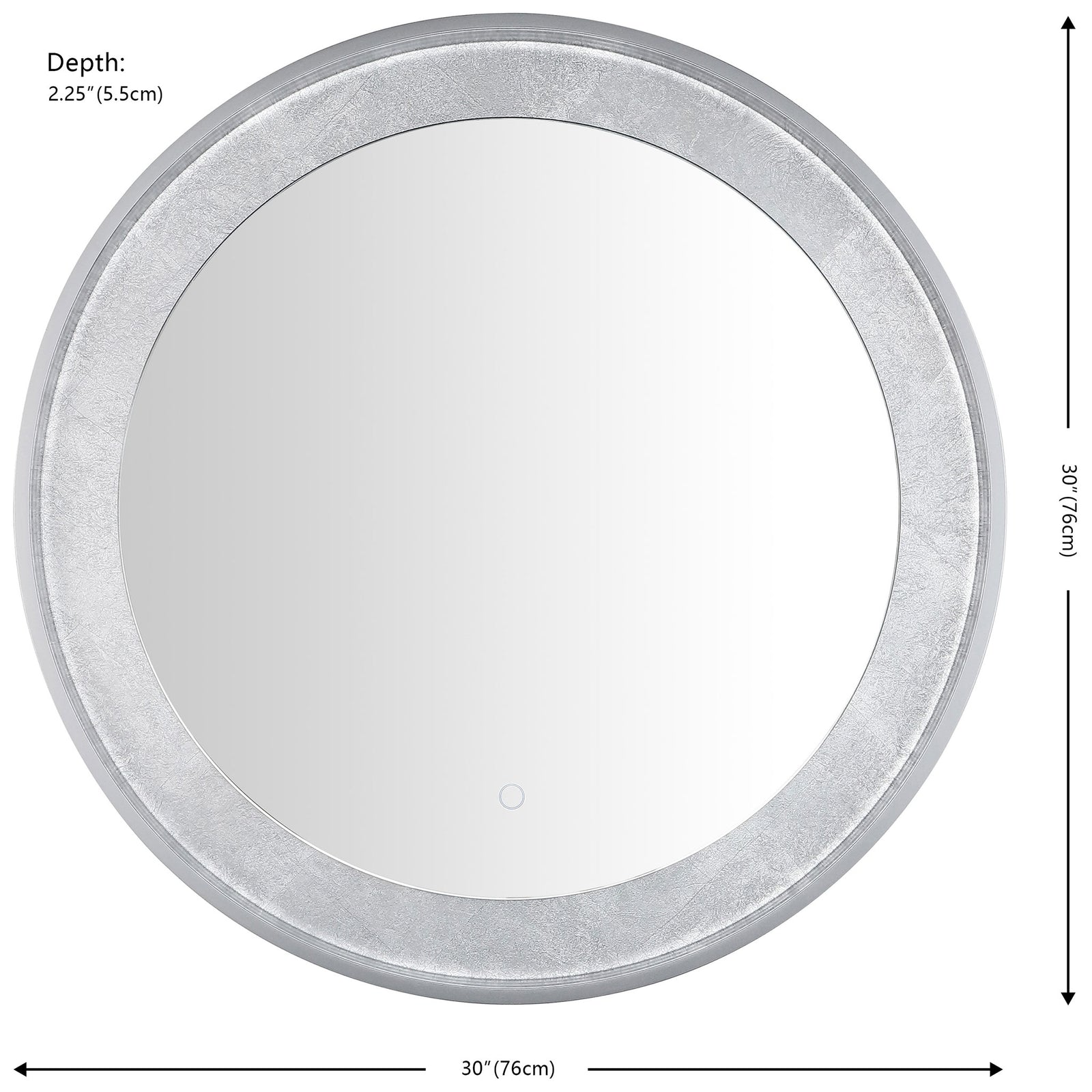 A 30-inch round mirror combines textured silver-leaf trim with a 2.25-inch-deep silver-gray frame. || LMR1014A || dimension_studio