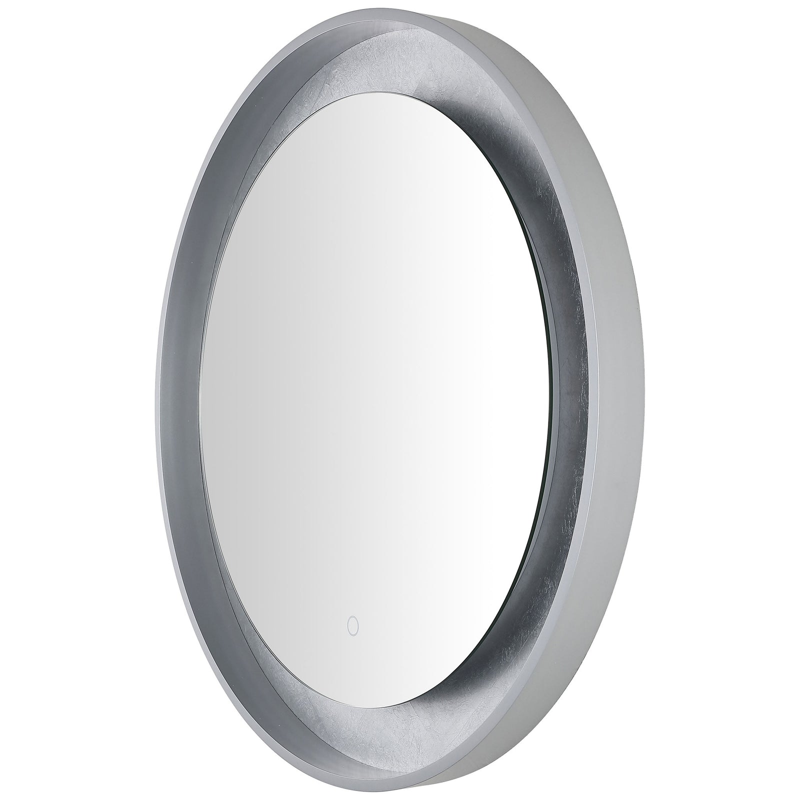 A recessed mirror sits within a sculpted silver-gray frame and shimmering silver-leaf trim. || LMR1014A || front_angle_studio