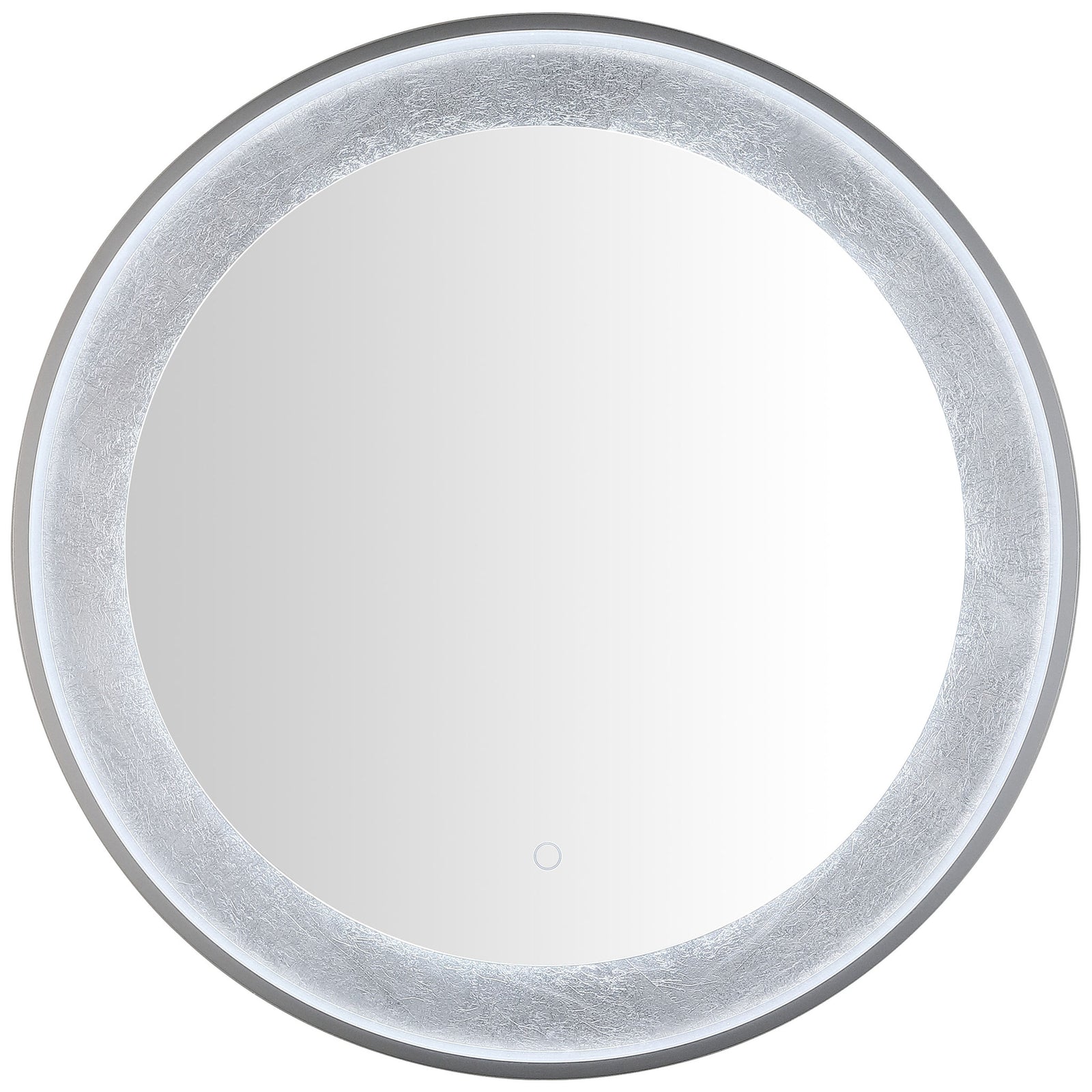 Cool white LEDs outline the silver-leaf ring around a sleek round mirror. || LMR1014A || front_on_studio