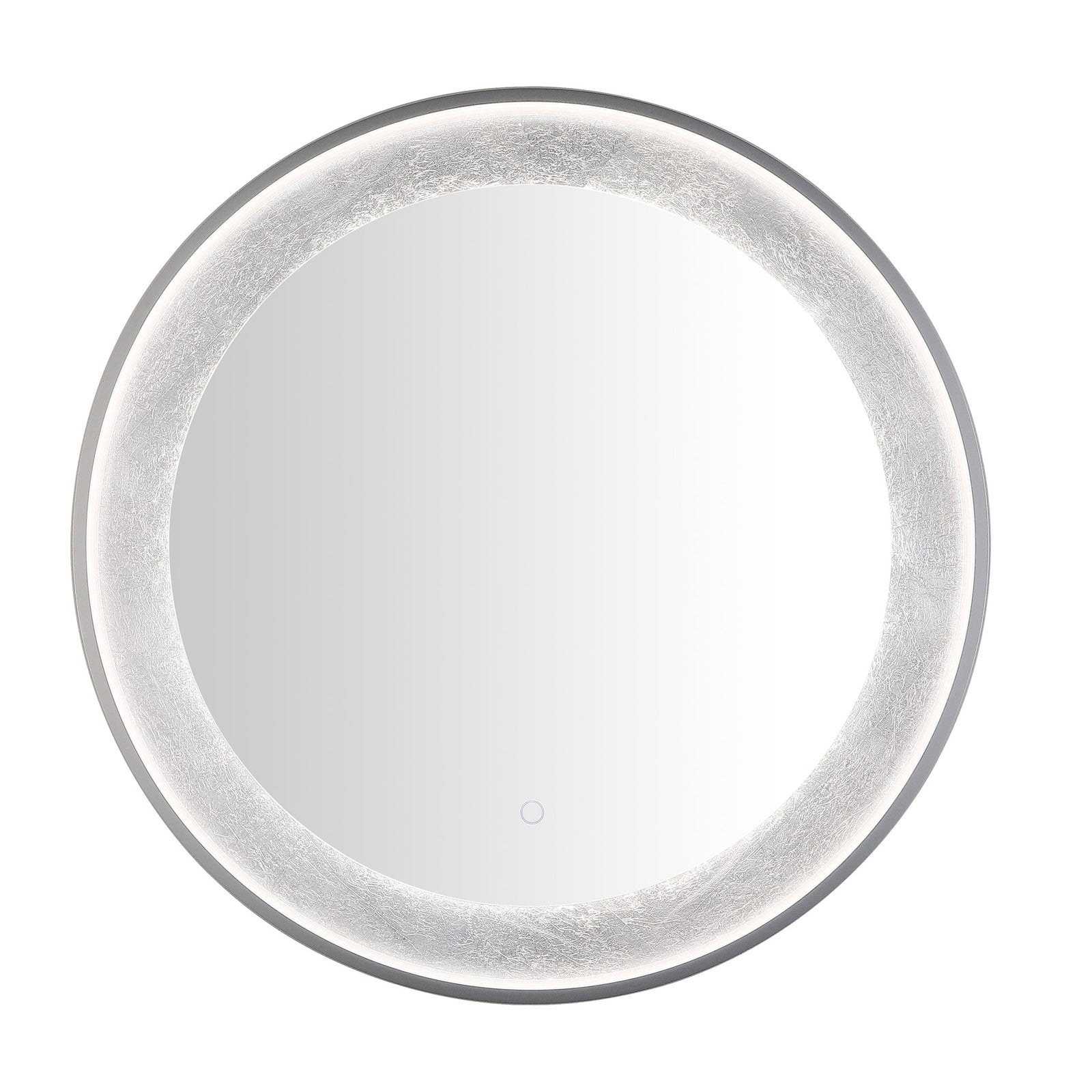 Soft white illumination brightens the textured silver-leaf surround of a round mirror. || LMR1014A || front_on_studio
