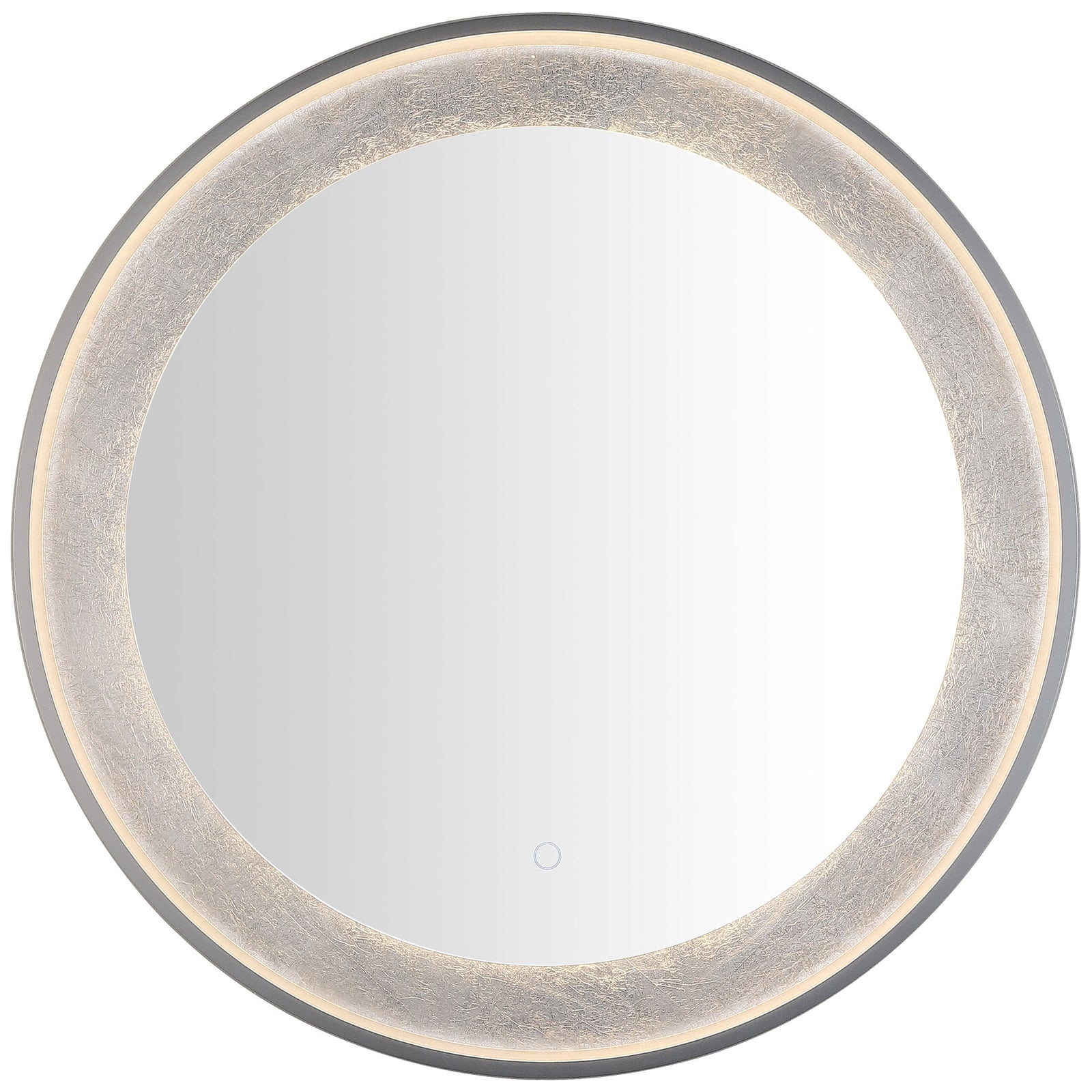 Warm LED light lends a gentle golden glow to the mirror's silver-leaf inner band. || LMR1014A || front_on_studio