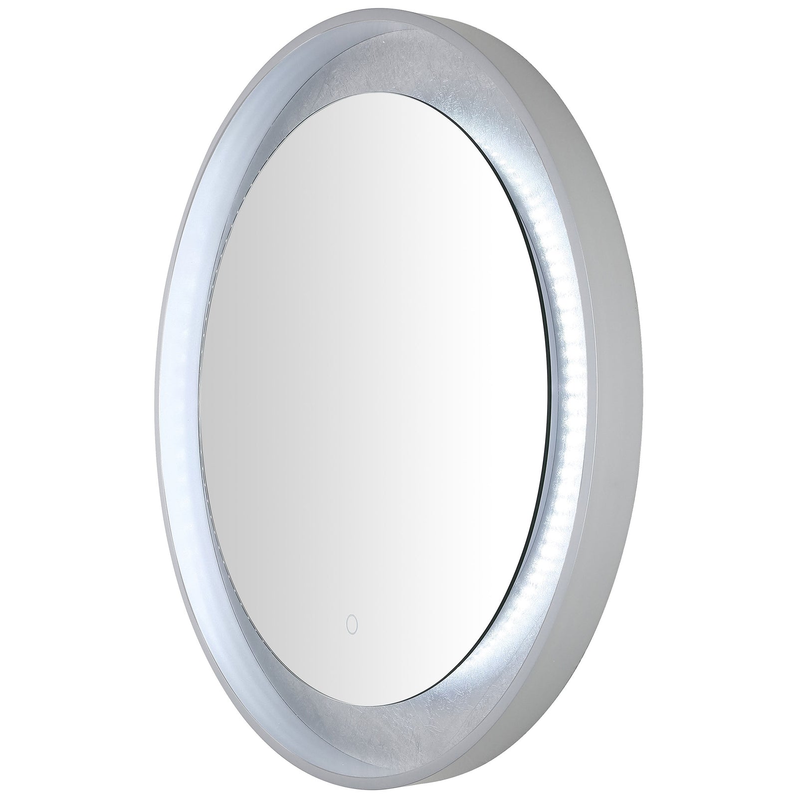Cool white light reveals the shimmer of silver-leaf trim within a deep aluminum frame. || LMR1014A || front_angle_on_studio