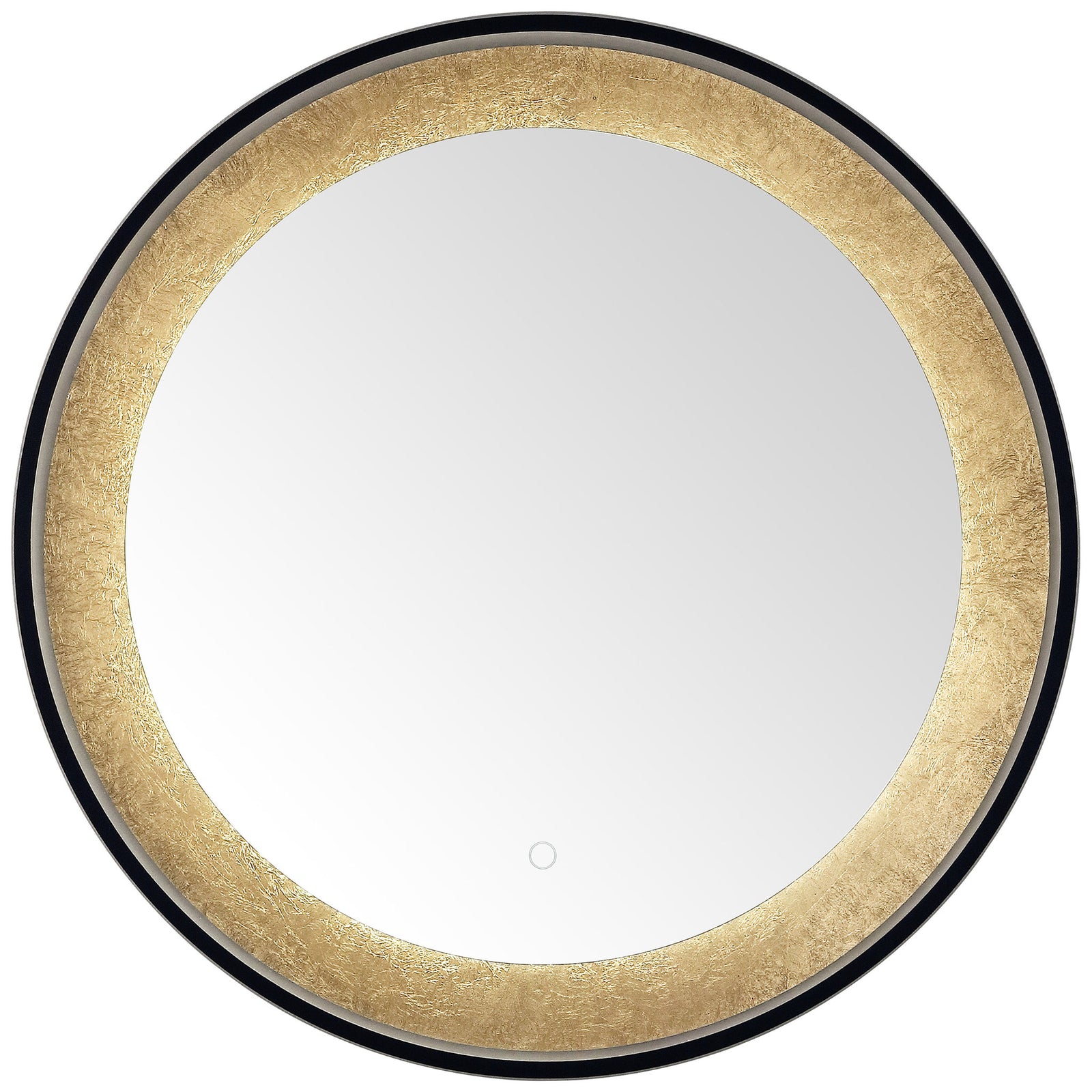 Cool white LED light skims the gold-leaf border around a clean, round mirror. || LMR1014B || front_on_studio