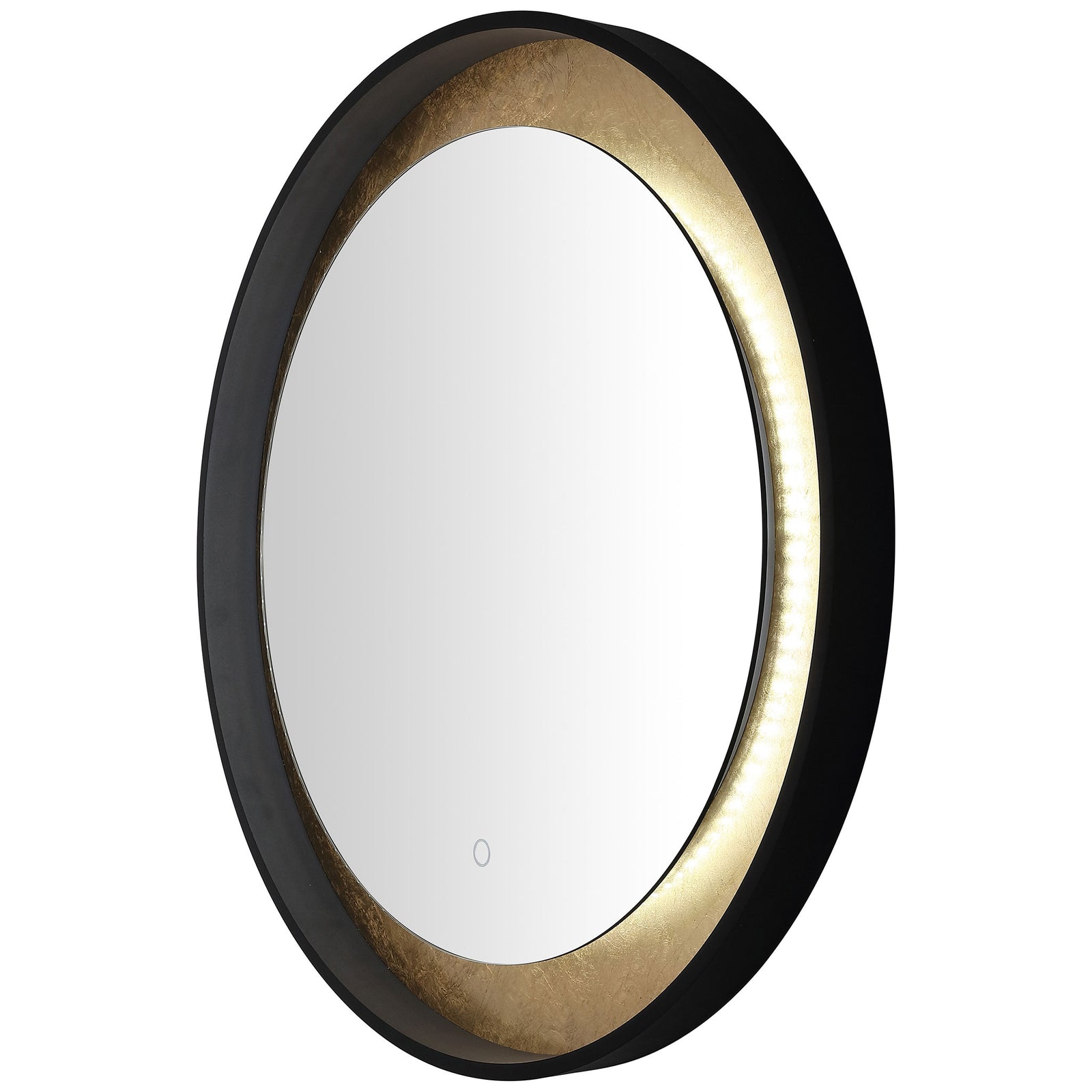 Bright white LEDs accent the gold-leaf inset inside a deep black aluminum frame. || LMR1014B || front_angle_on_studio