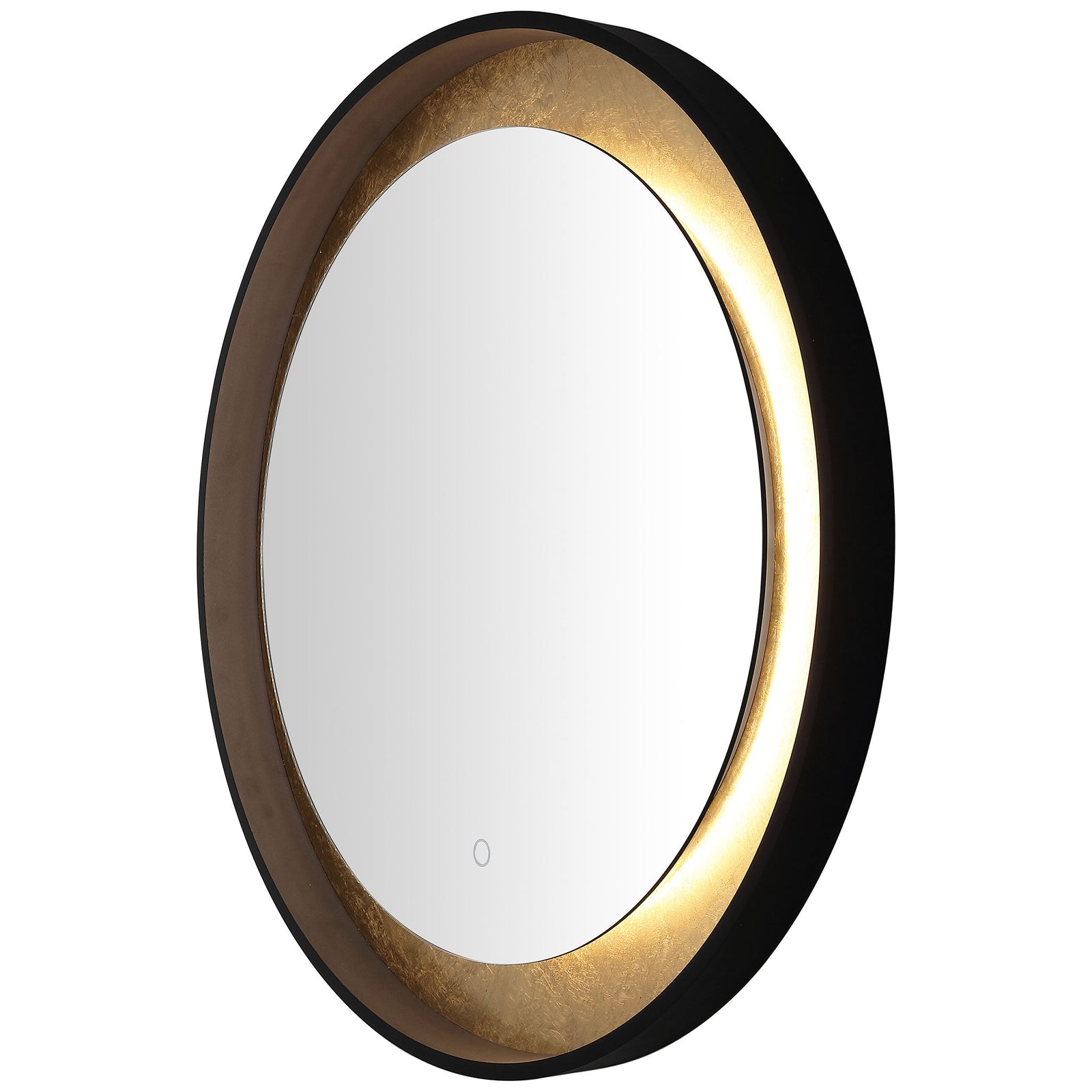 Soft white light creates an inviting halo around the mirror's gold-leaf inner band. || LMR1014B || front_angle_on_studio