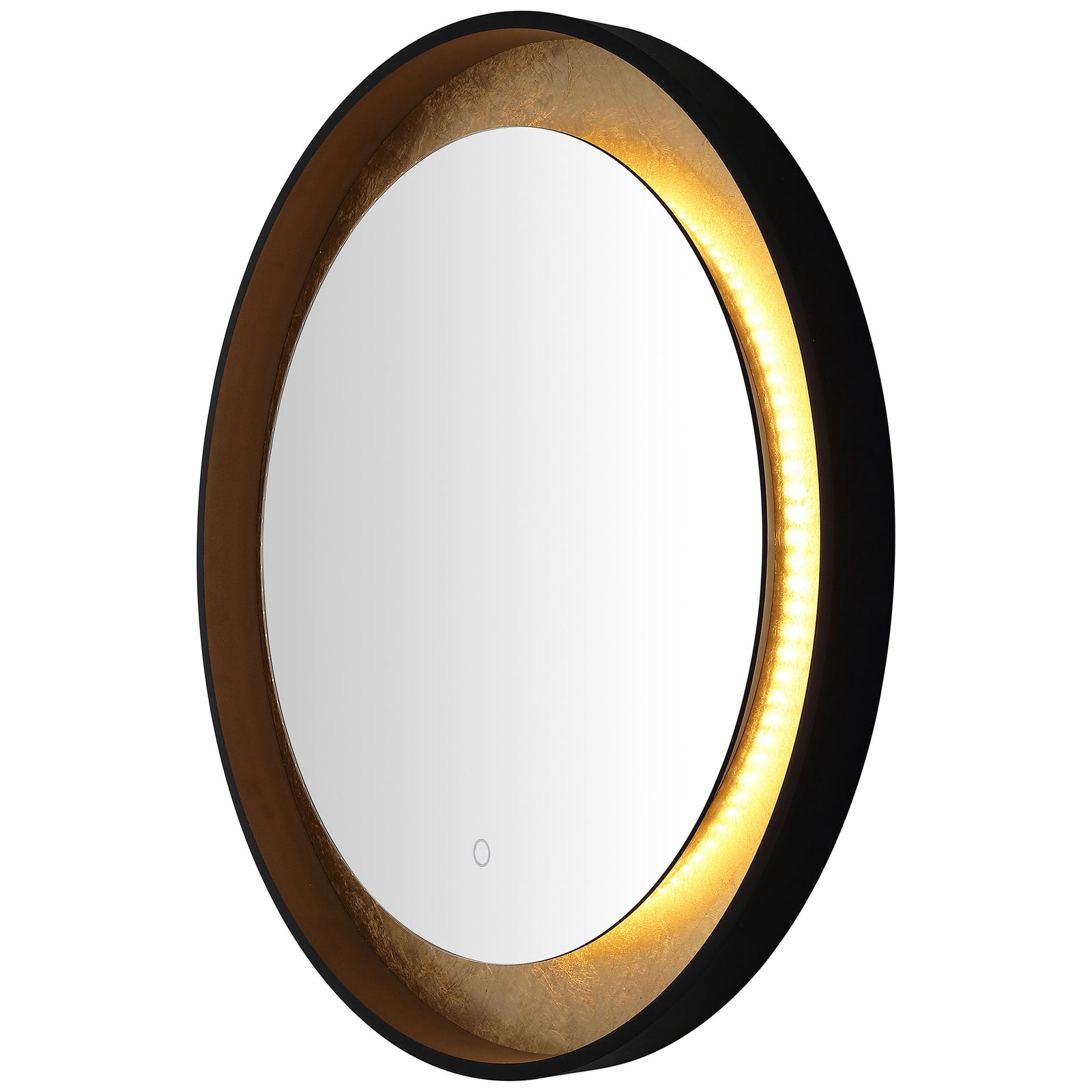 Golden LED light brings out the rich gold-leaf texture around a round mirror. || LMR1014B || front_angle_on_studio