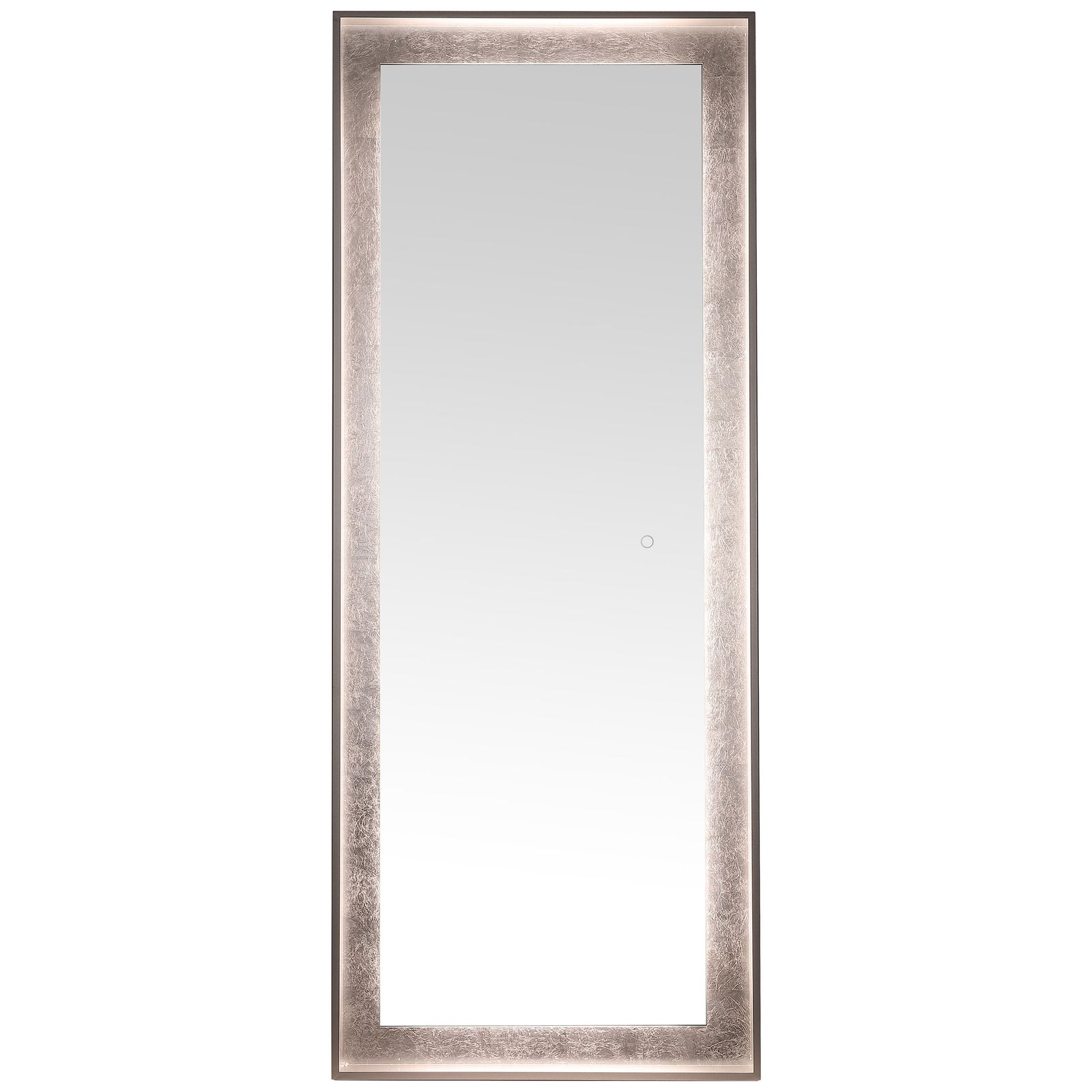 A soft neutral glow highlights the textured silver leaf inset around the reflective glass. || LMR1015A || front_on_studio