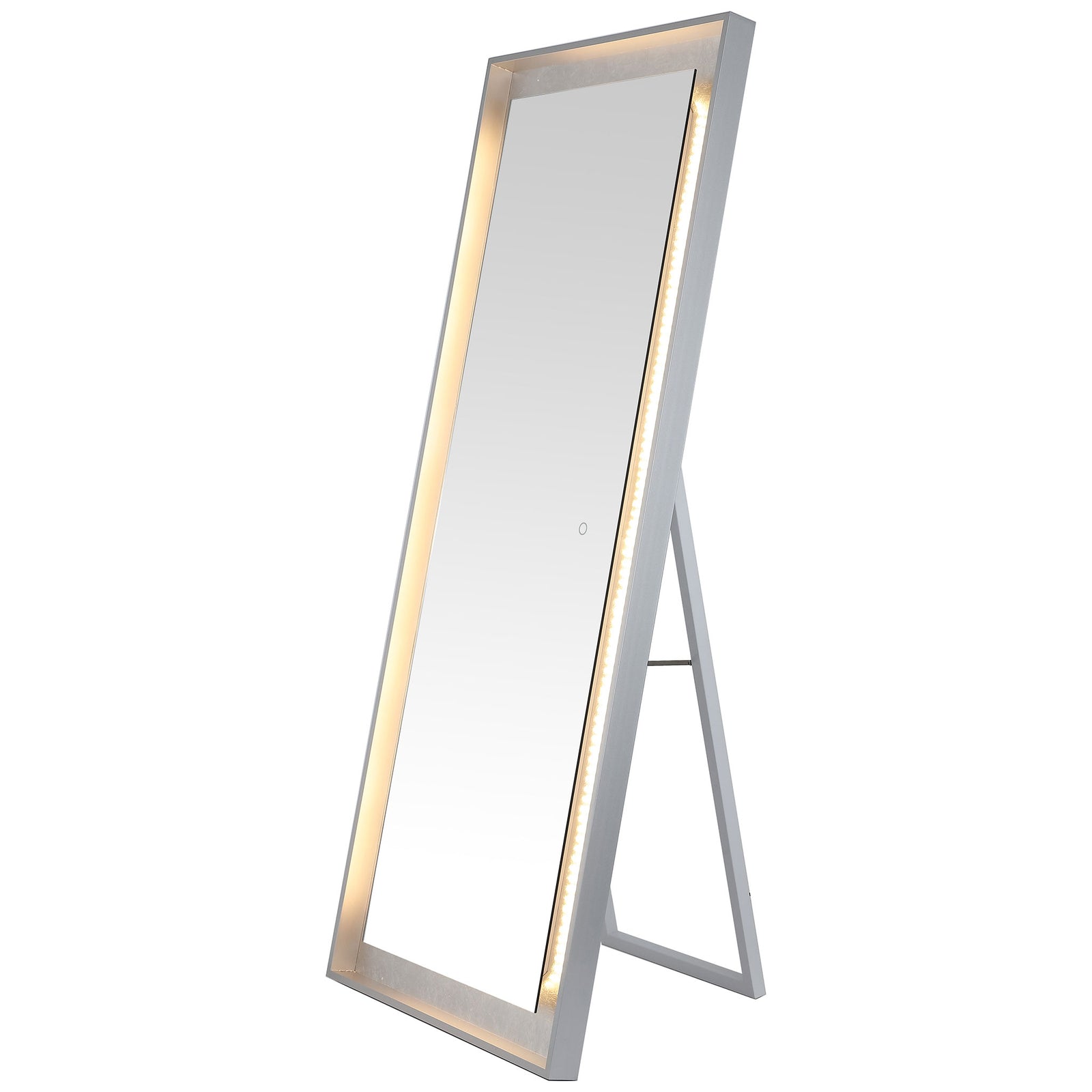 A warm glow runs along the mirror's silver leaf surround, with a rear stand keeping it upright. || LMR1015A || front_angle_on_studio