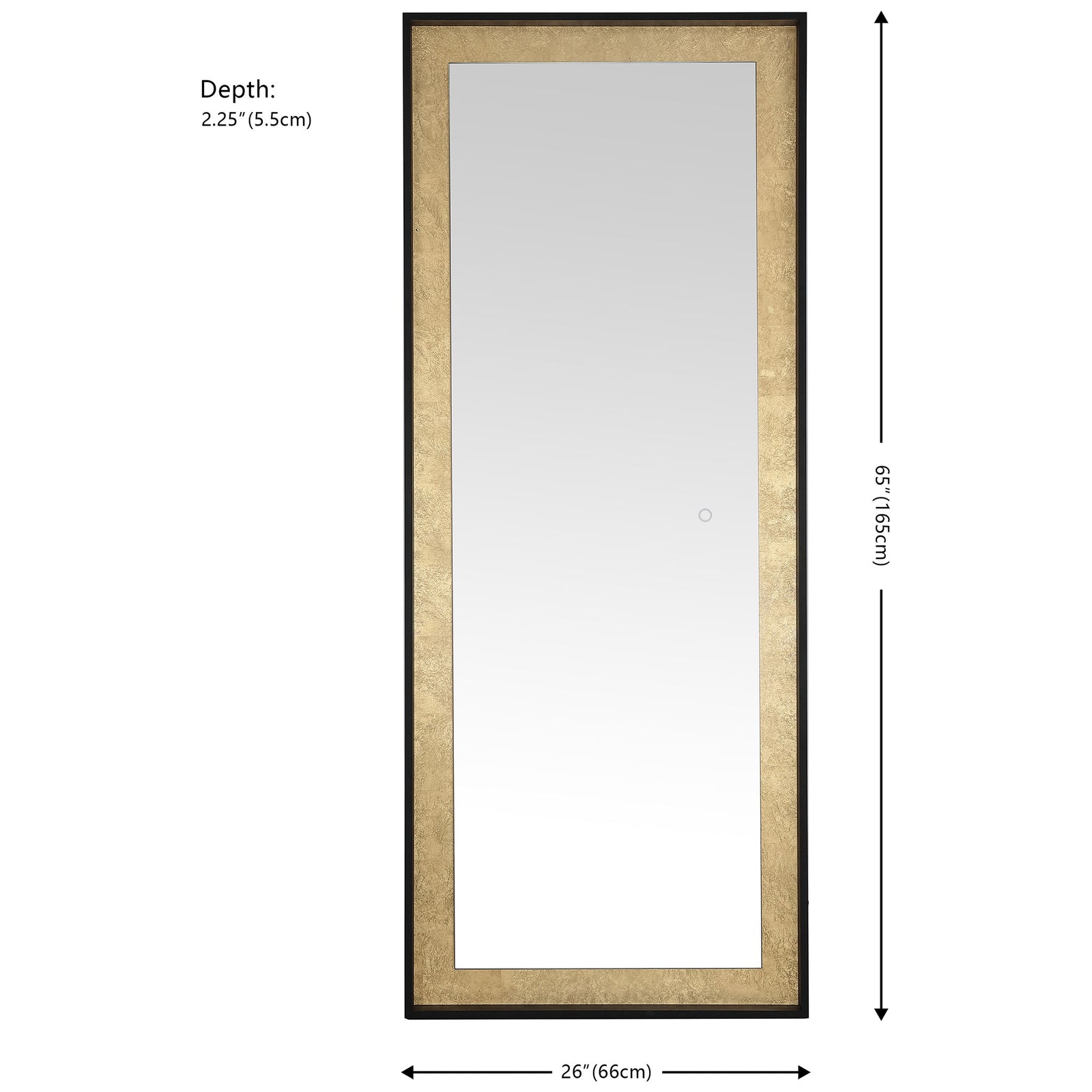 This black-framed mirror measures 65 inches high, 26 inches wide and 2.25 inches deep, with gold leaf trim. || LMR1015B || dimension_studio