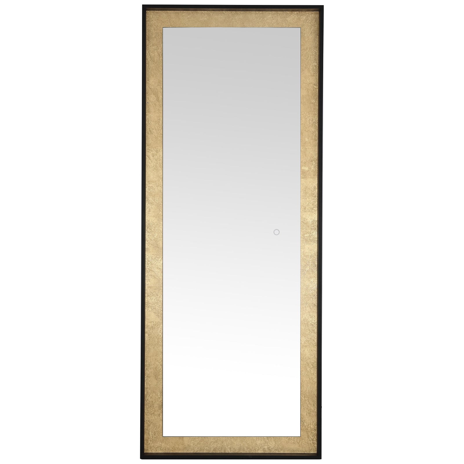 A tall mirror pairs textured gold leaf trim with a slim black frame and a discreet touch control. || LMR1015B || front_studio