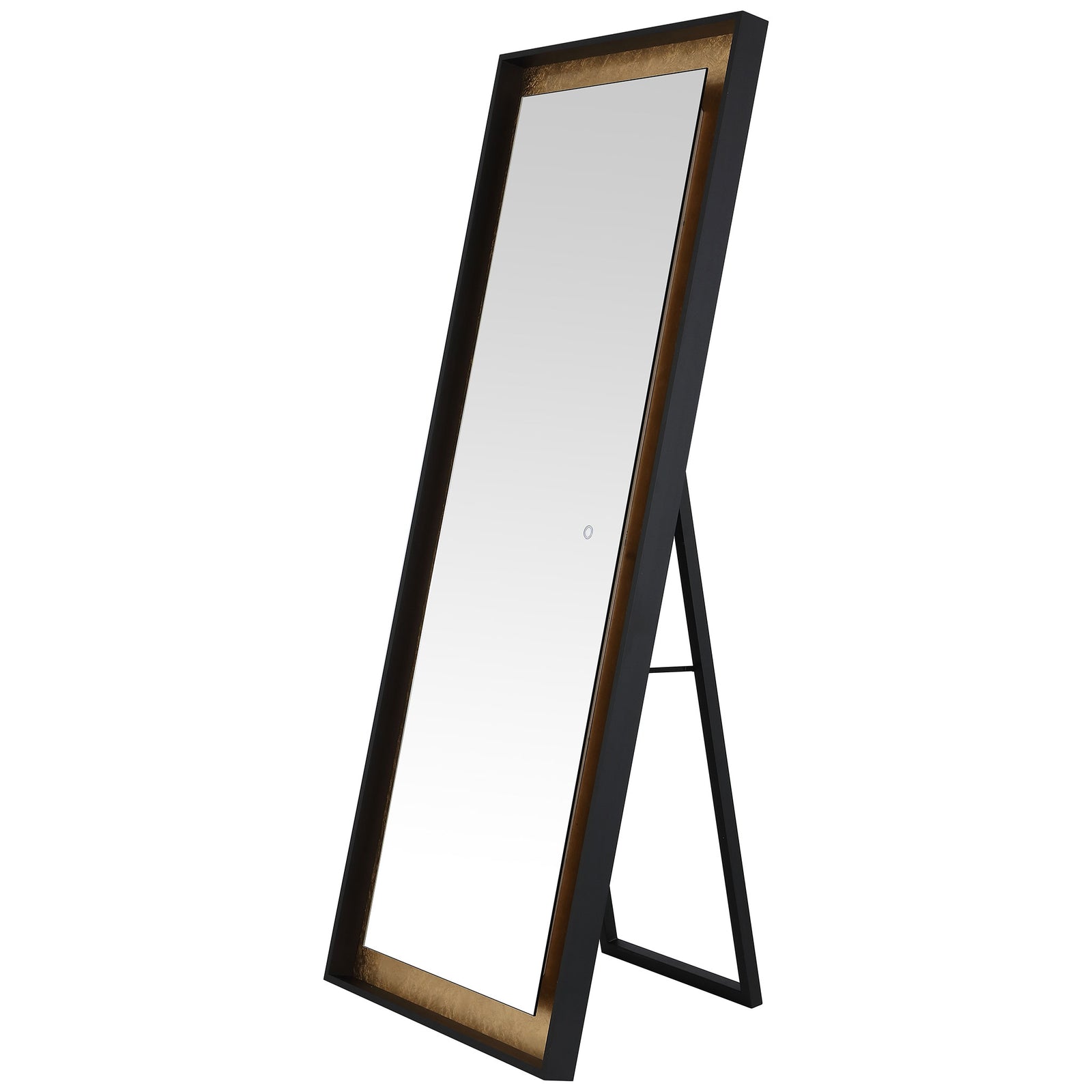 A slim black frame surrounds the mirror, while gold leaf trim and a rear stand add warmth and support. || LMR1015B || front_angle_studio