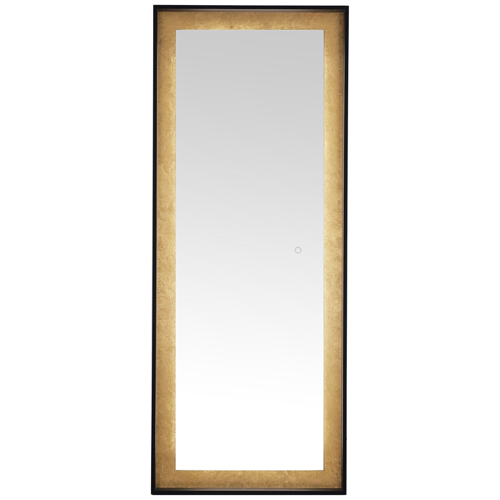 Soft LED light traces the inner edge of the gold leaf border around this full-length mirror. || LMR1015B || front_on_studio