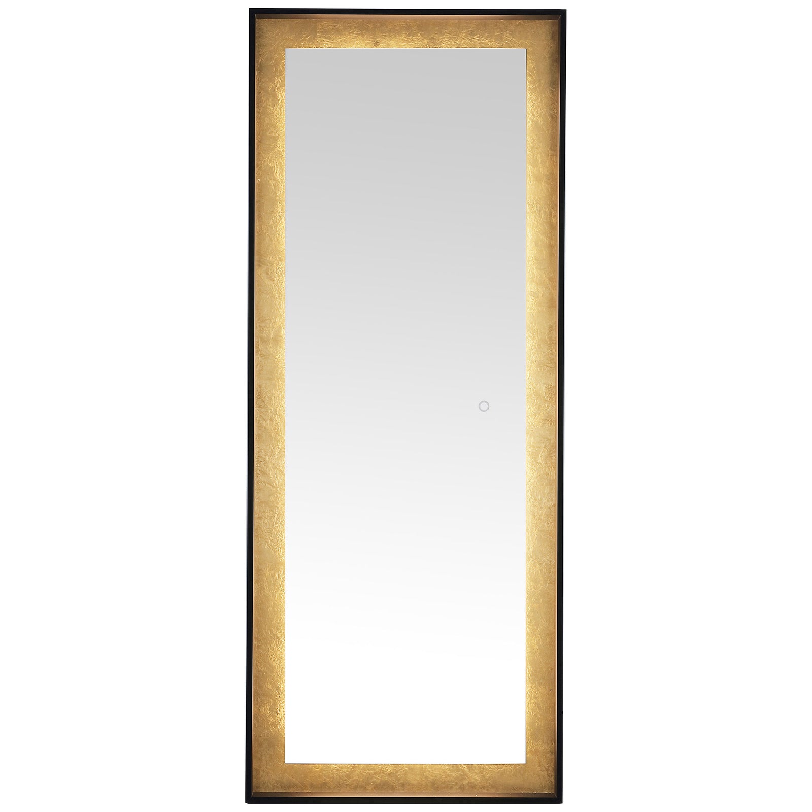 The illuminated surround adds a warm sheen to textured gold leaf trim and a sleek black frame. || LMR1015B || front_on_studio