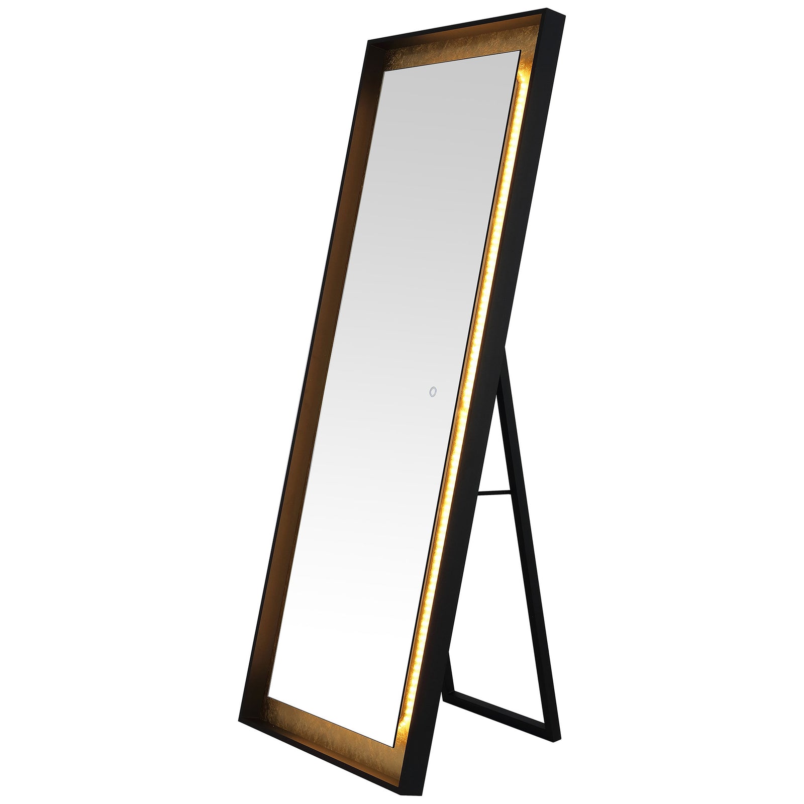 Bright amber LEDs play against the textured gold leaf surround of this freestanding mirror. || LMR1015B || front_angle_on_studio