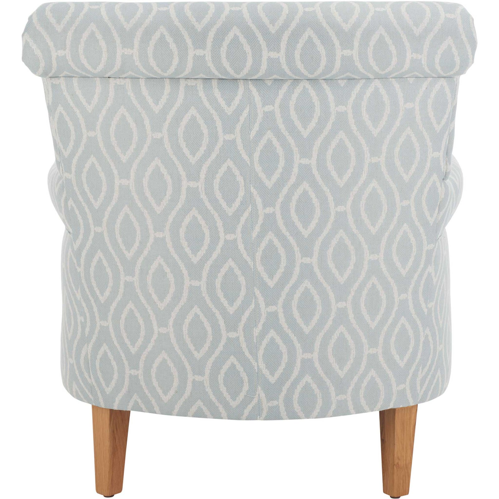 Scrolled back with light blue ivory trellis fabric, smooth tailored seams, and a refined silhouette || MCR1002G || back_studio