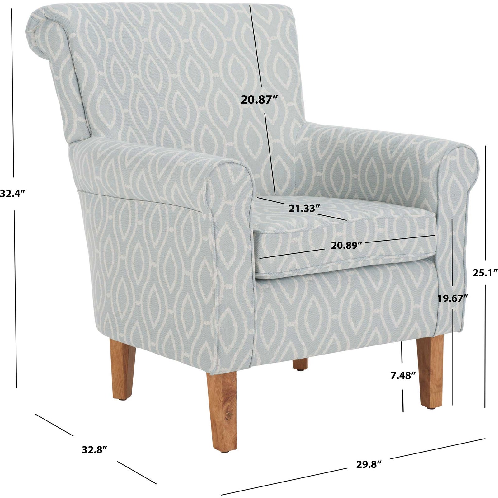 Comfortable club chair with supportive arms and seat, dressed in a light blue trellis fabric || MCR1002G || dimension_studio