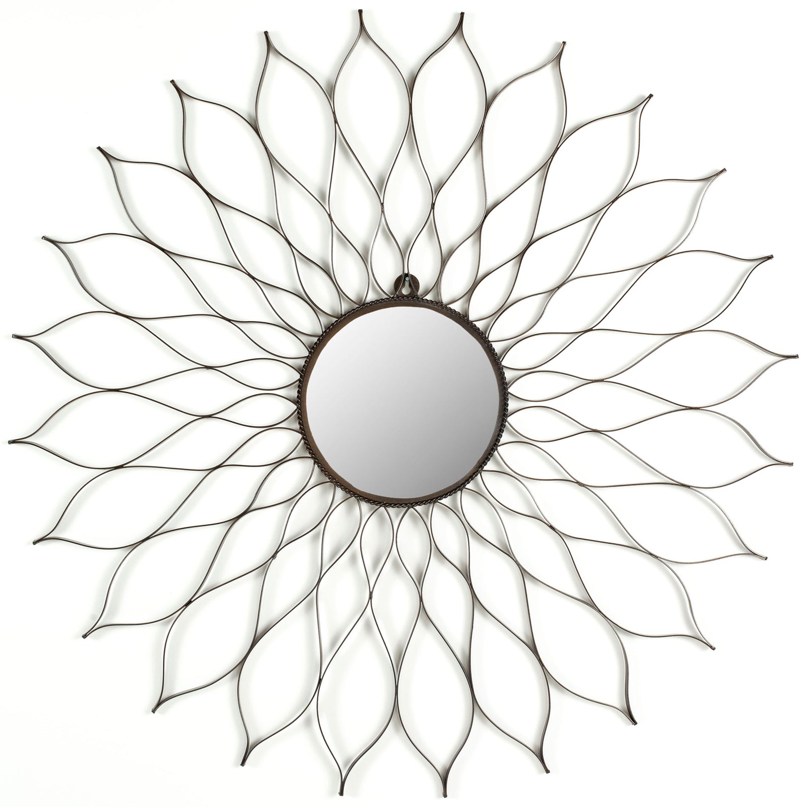 An airy bloom of brown metal petals surrounds a round mirror for an elegant wall accent. || MIR3000A || front_studio