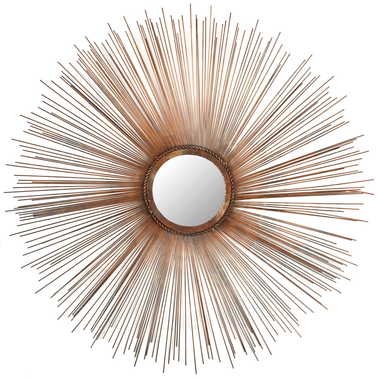 Copper sunburst mirror with a round glass center and a halo of fine iron rays || MIR3002A || front_studio