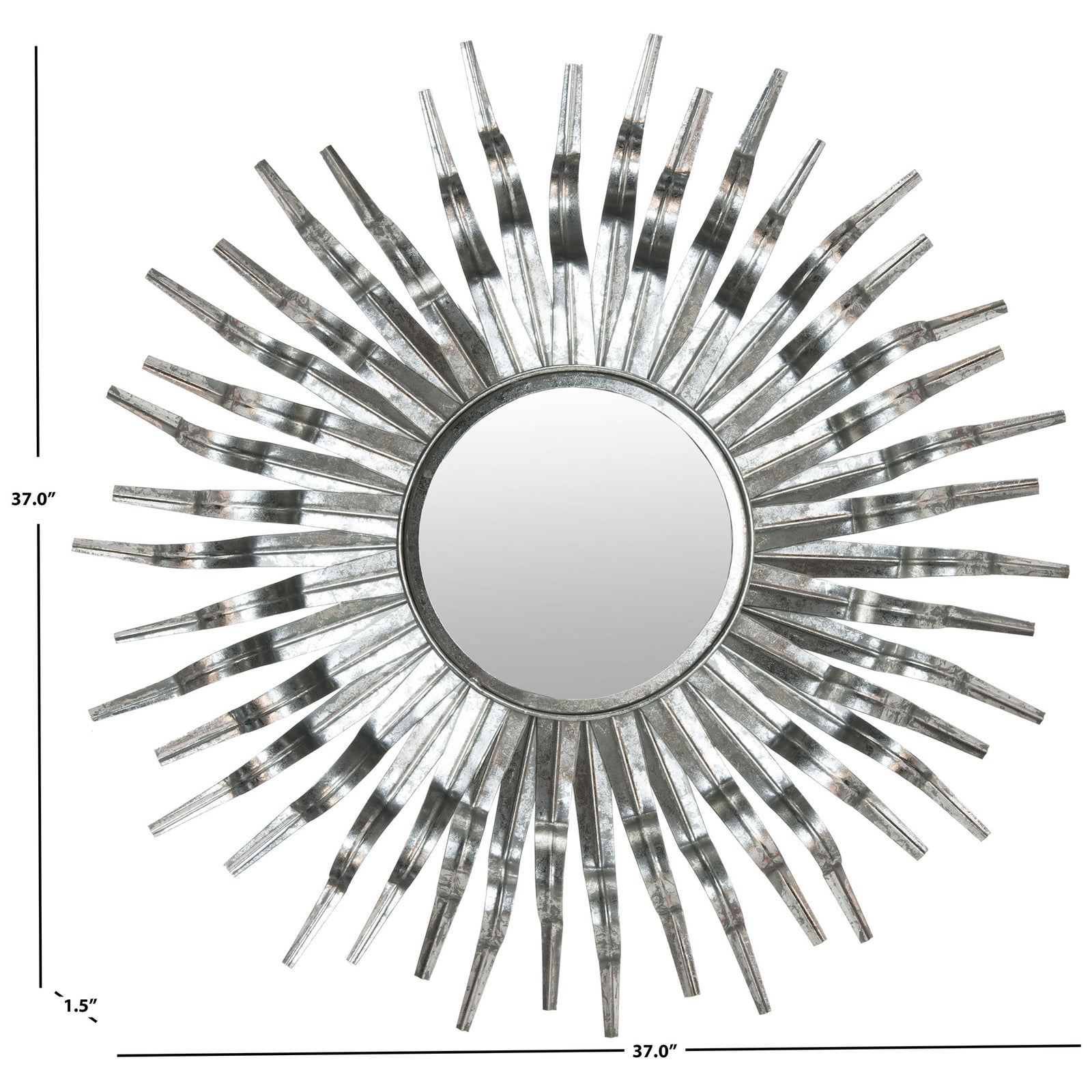 Silver sunburst mirror with sculptural rays measures 37 inches across and 1.5 inches deep || MIR3007C || dimension_studio