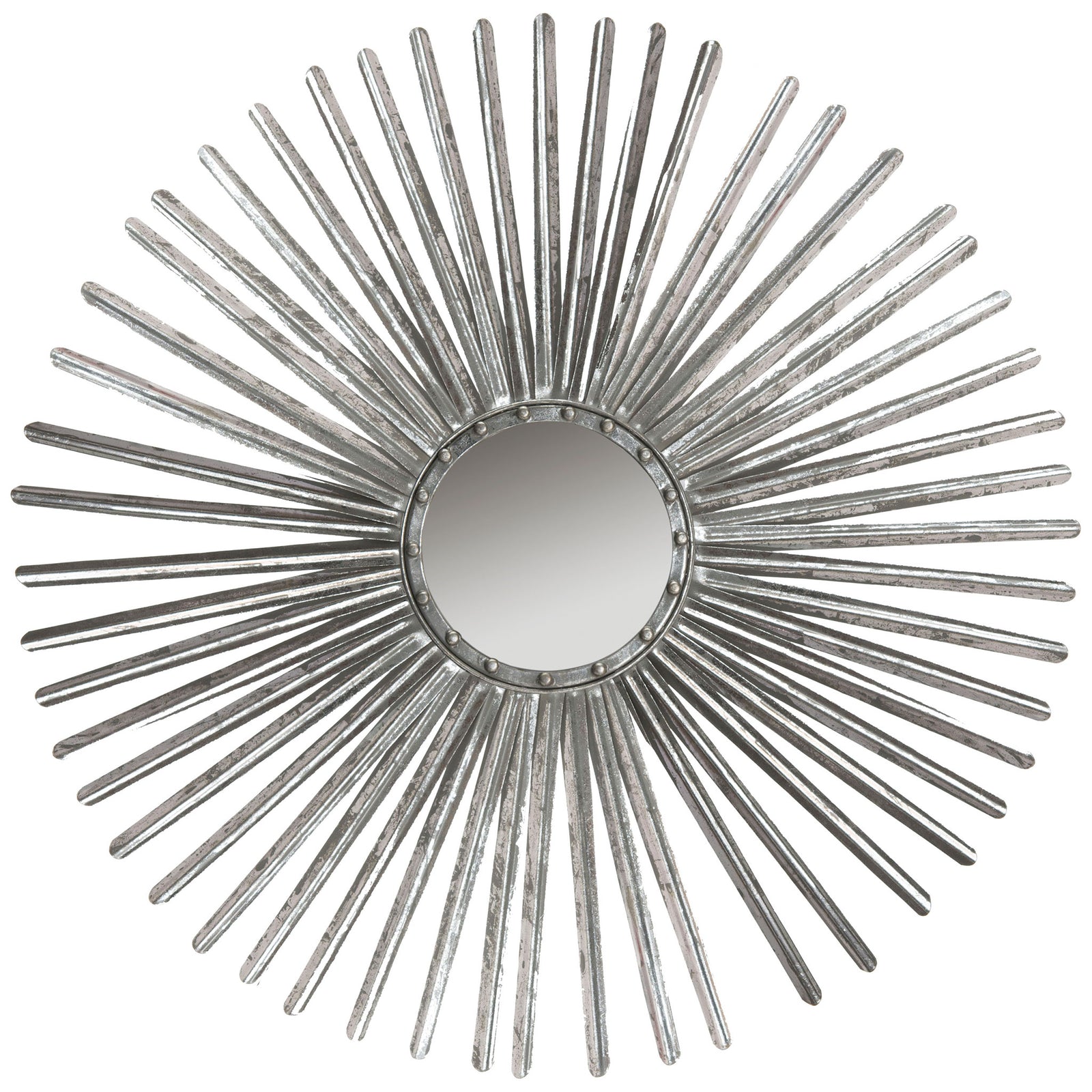 A round mirror encircled by slender silver rays forms a radiant sunburst. || MIR3011B || front_studio