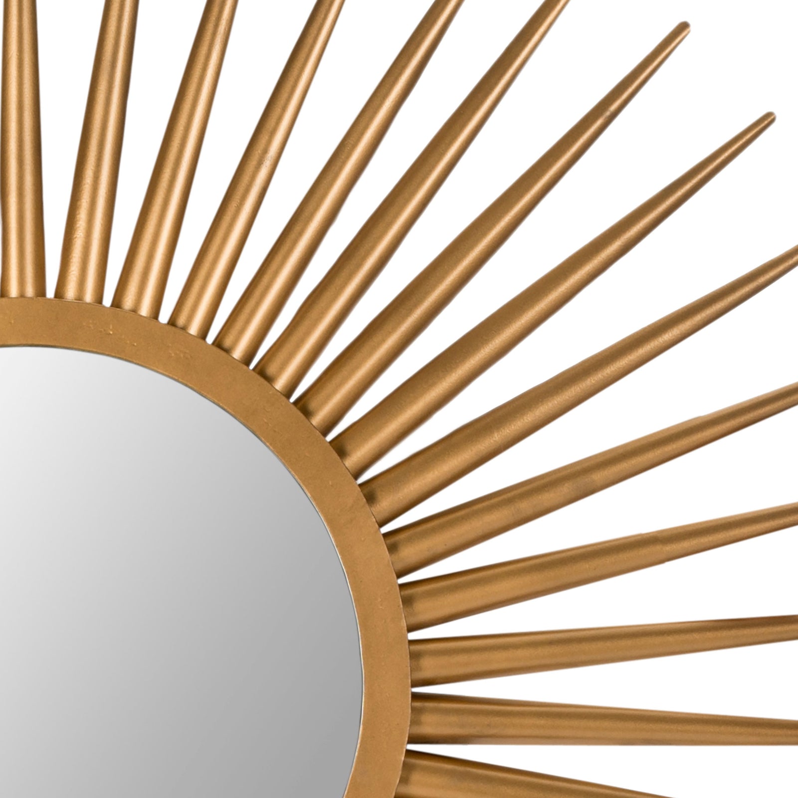 A smooth gold ring meets tapered metal rays around the mirror's round glass center || MIR4000A || detail_studio