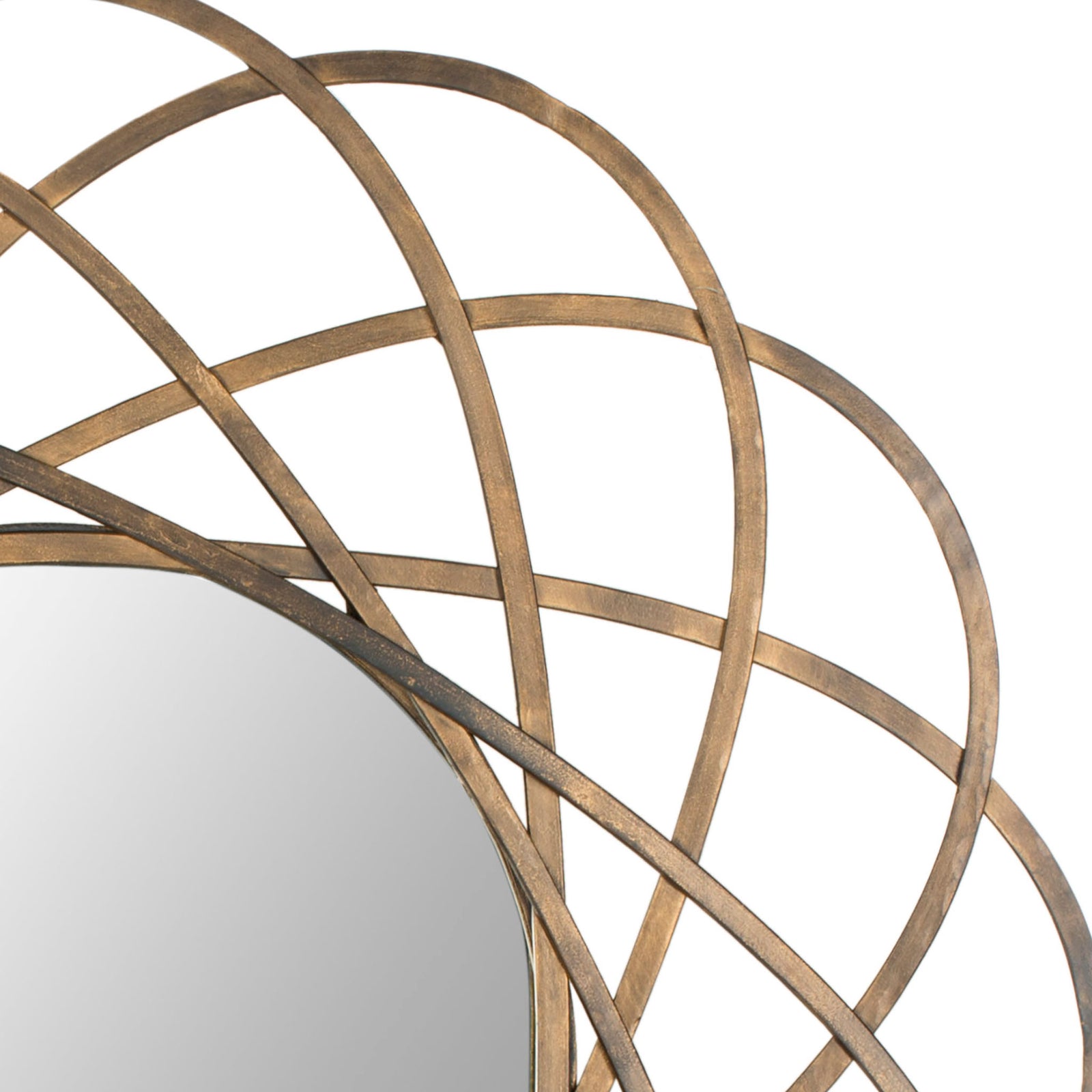 Textured antique gold iron bands sweep across the edge of the round mirror || MIR4005A || detail_studio