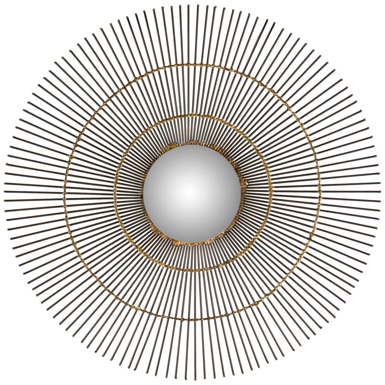 A round central mirror is framed by radiating metal rays and two concentric gold rings. || MIR4021A || front_studio
