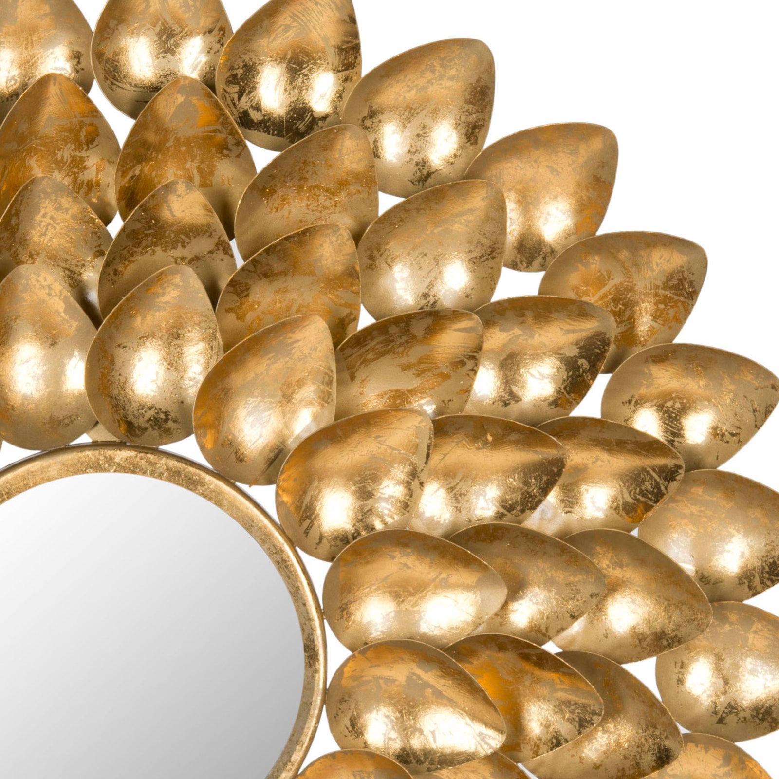 Textured antique gold metal leaves layer around the circular mirror for a rich, sculptural finish || MIR4029A || detail_studio