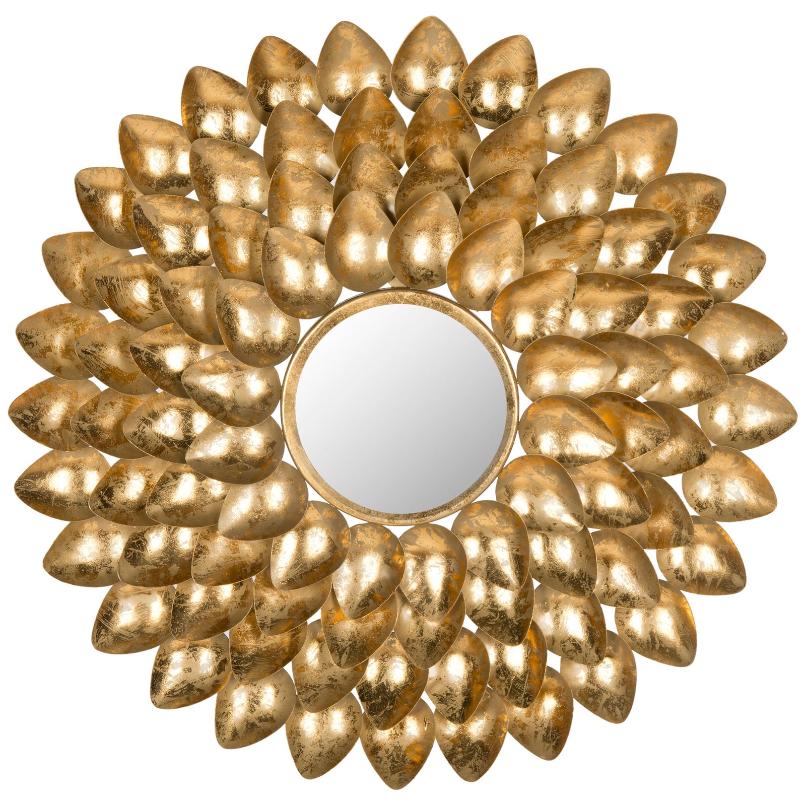 Curved metal leaves radiate around a round mirror, creating a dimensional antique gold sunburst || MIR4029A || front_studio