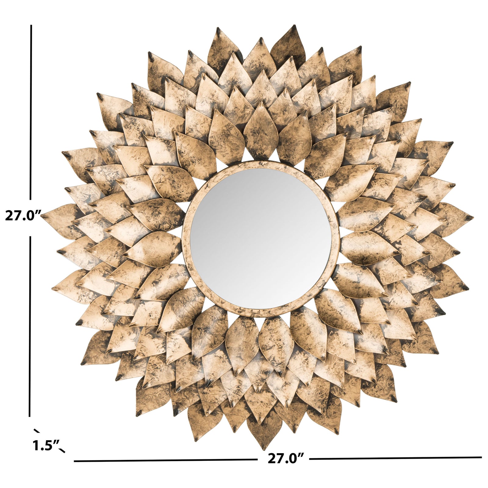 A 27-inch sunburst mirror pairs a round reflective center with rows of textured gold petals. || MIR4041A || dimension_studio