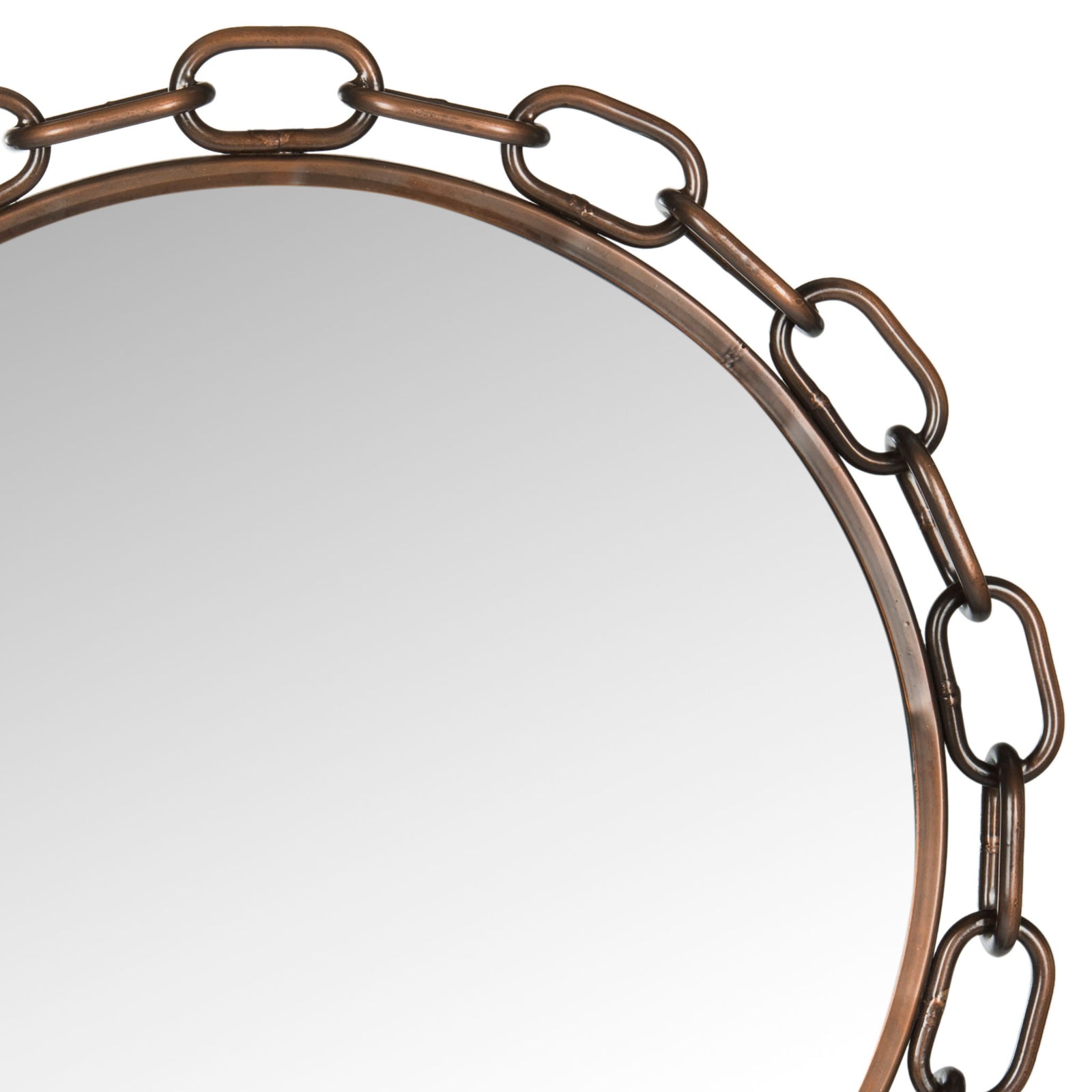Antique copper chain links frame the round mirror's slim metallic rim || MIR4042A || detail_studio