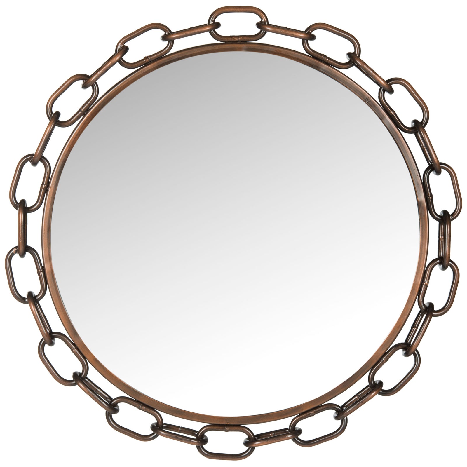 Round wall mirror pairs reflective glass with an open chain-link frame in antique copper || MIR4042A || front_studio