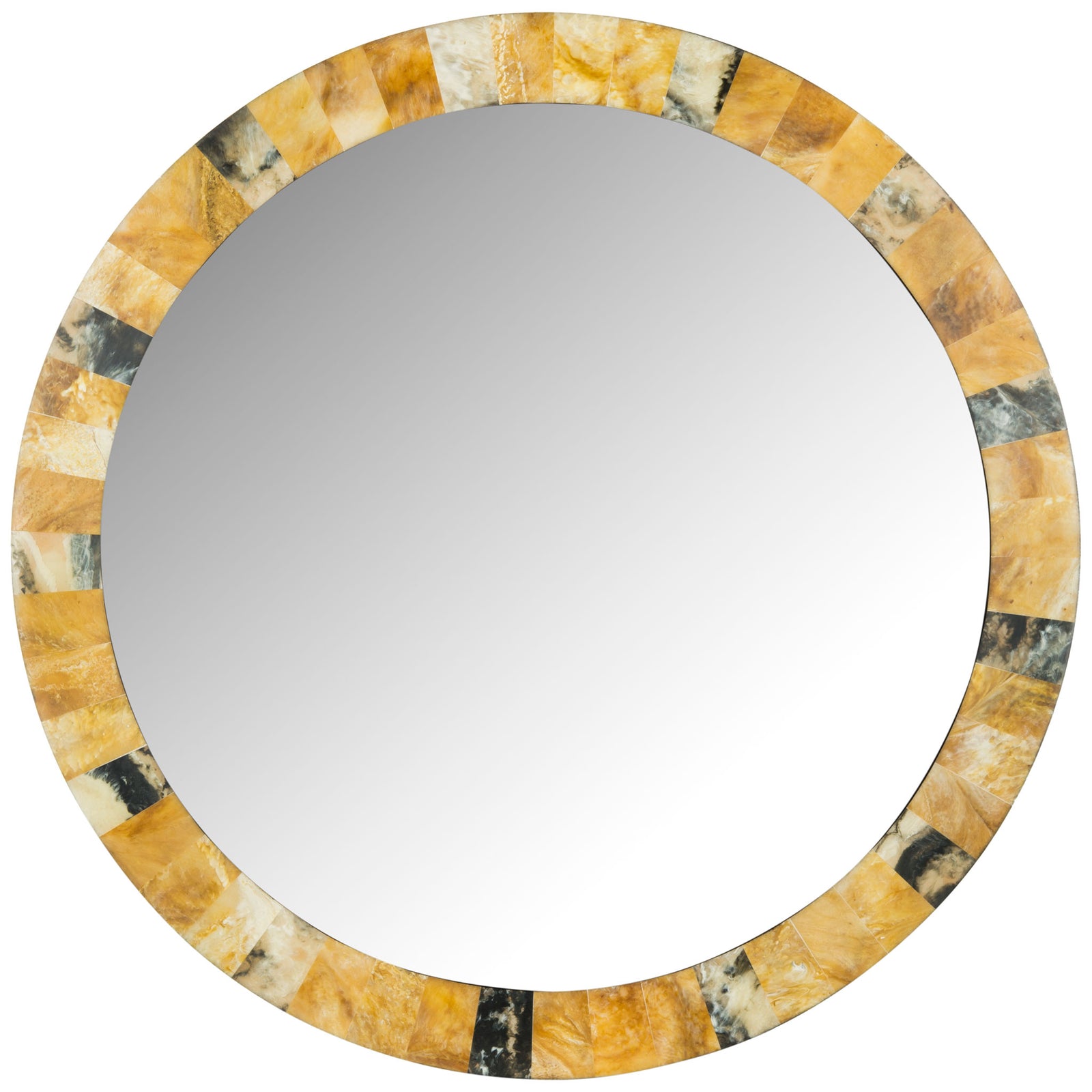 Round wall mirror features a mosaic-style frame in amber, cream, and charcoal || MIR4051A || front_studio
