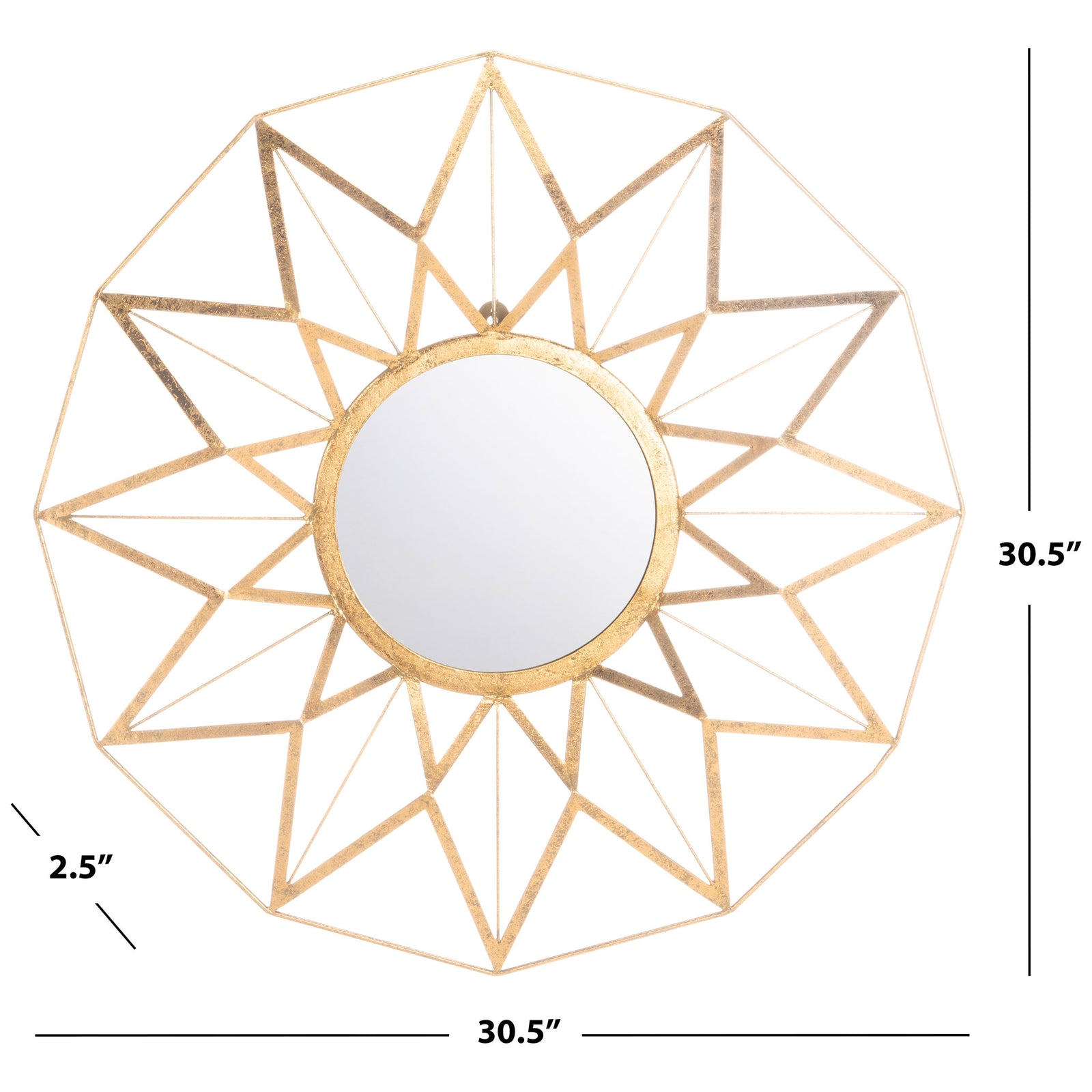 Geometric gold wall mirror measures 30.5 inches wide and tall with a 2.5-inch depth || MIR4099A || dimension_studio