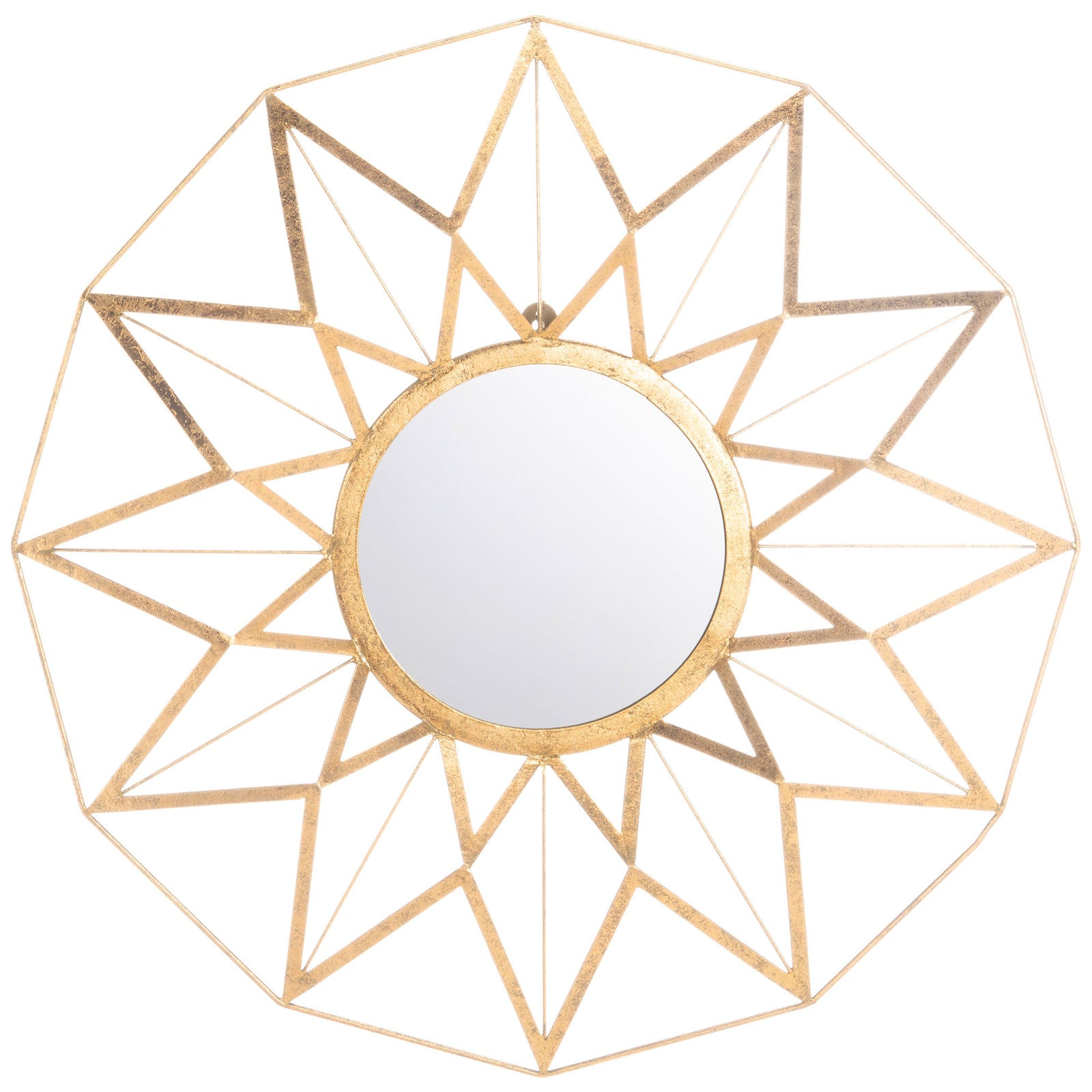Round mirror is encircled by an openwork gold starburst with layered angular rays || MIR4099A || front_studio