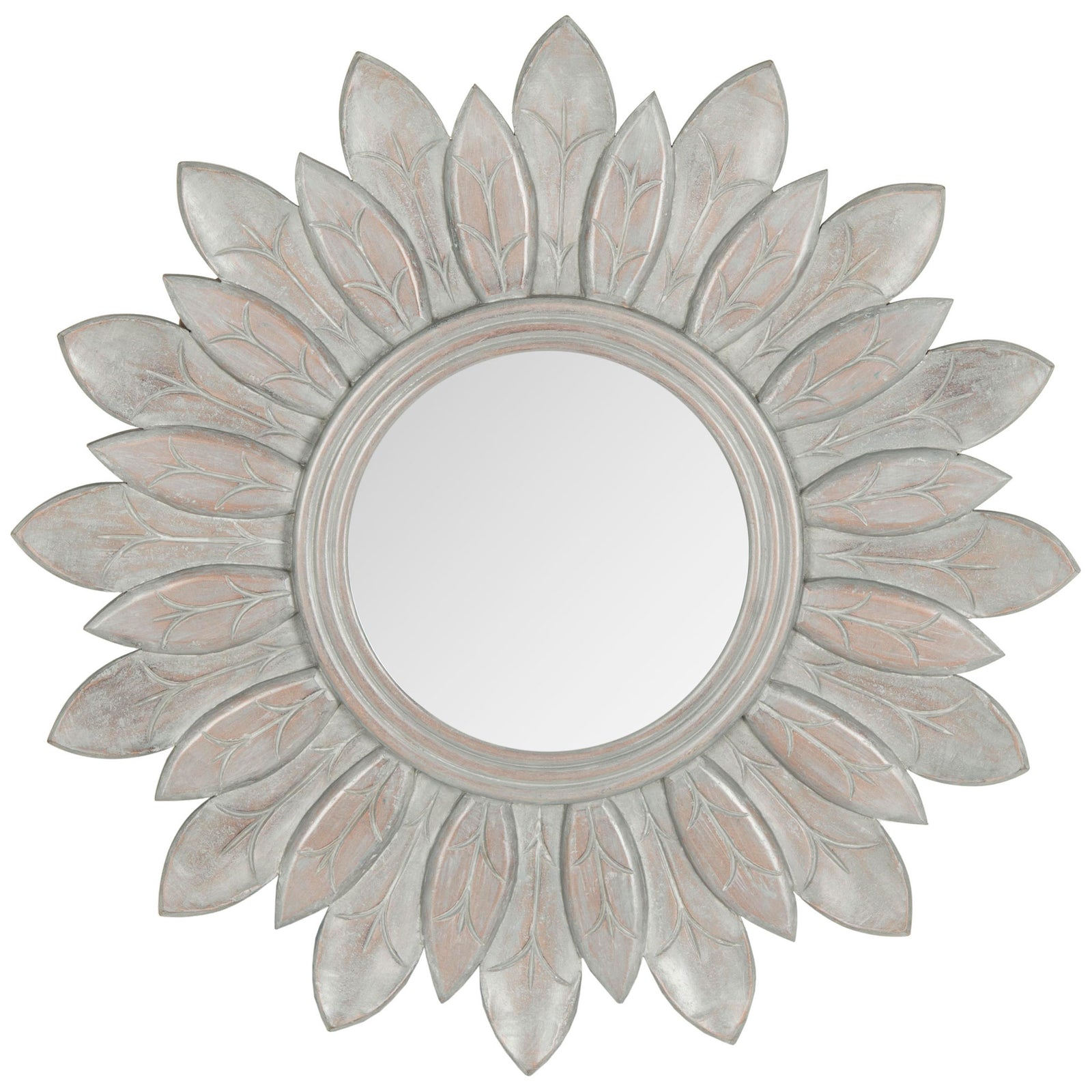 Soft gray sunburst mirror with layered carved leaves and a round reflective center || MIR5003A || front_studio